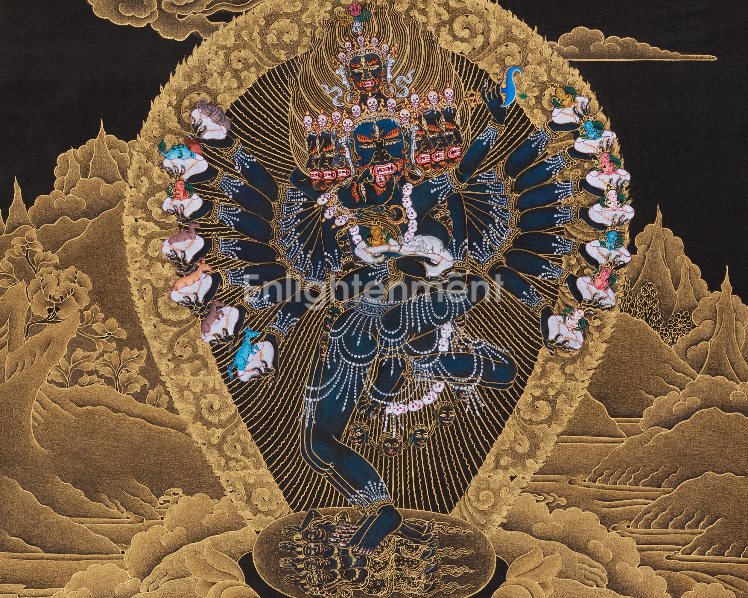 Gold on Black Hevajra Thangka | Fierce Meditational Deity | Vajrayana Buddhism