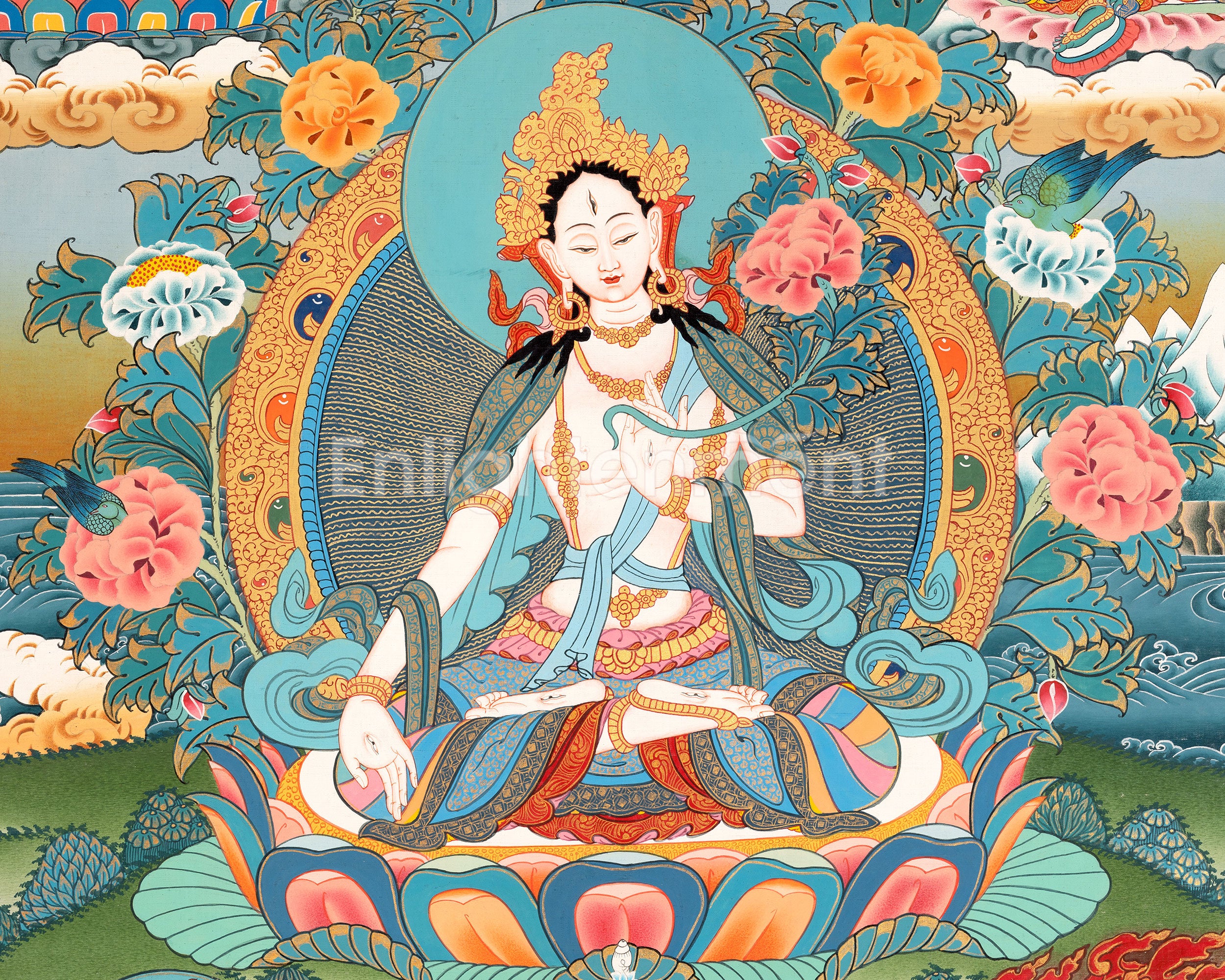 Majestic White Tara Thangka | Featuring Hand-Painted Female Bodhisattva