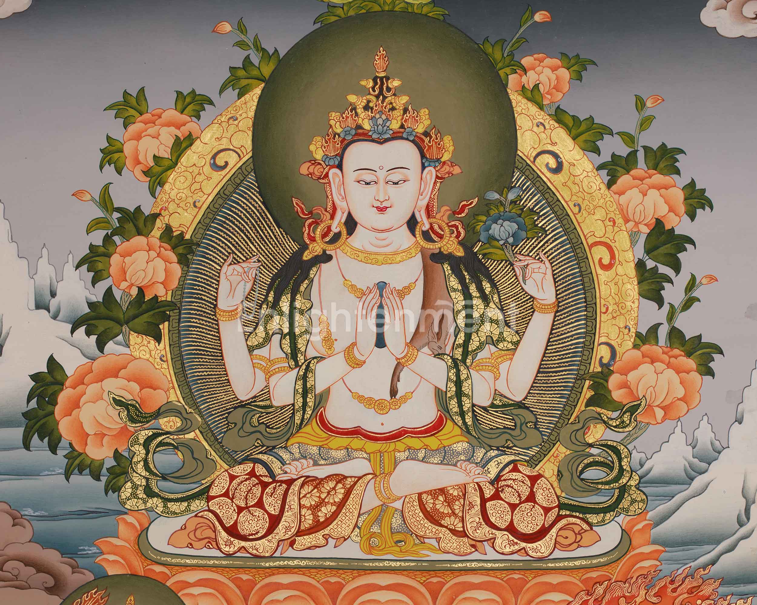 Divine Compassion Thangka Of Chenrezig | Avalokiteshvara Thangka | Tibetan Spiritual Art