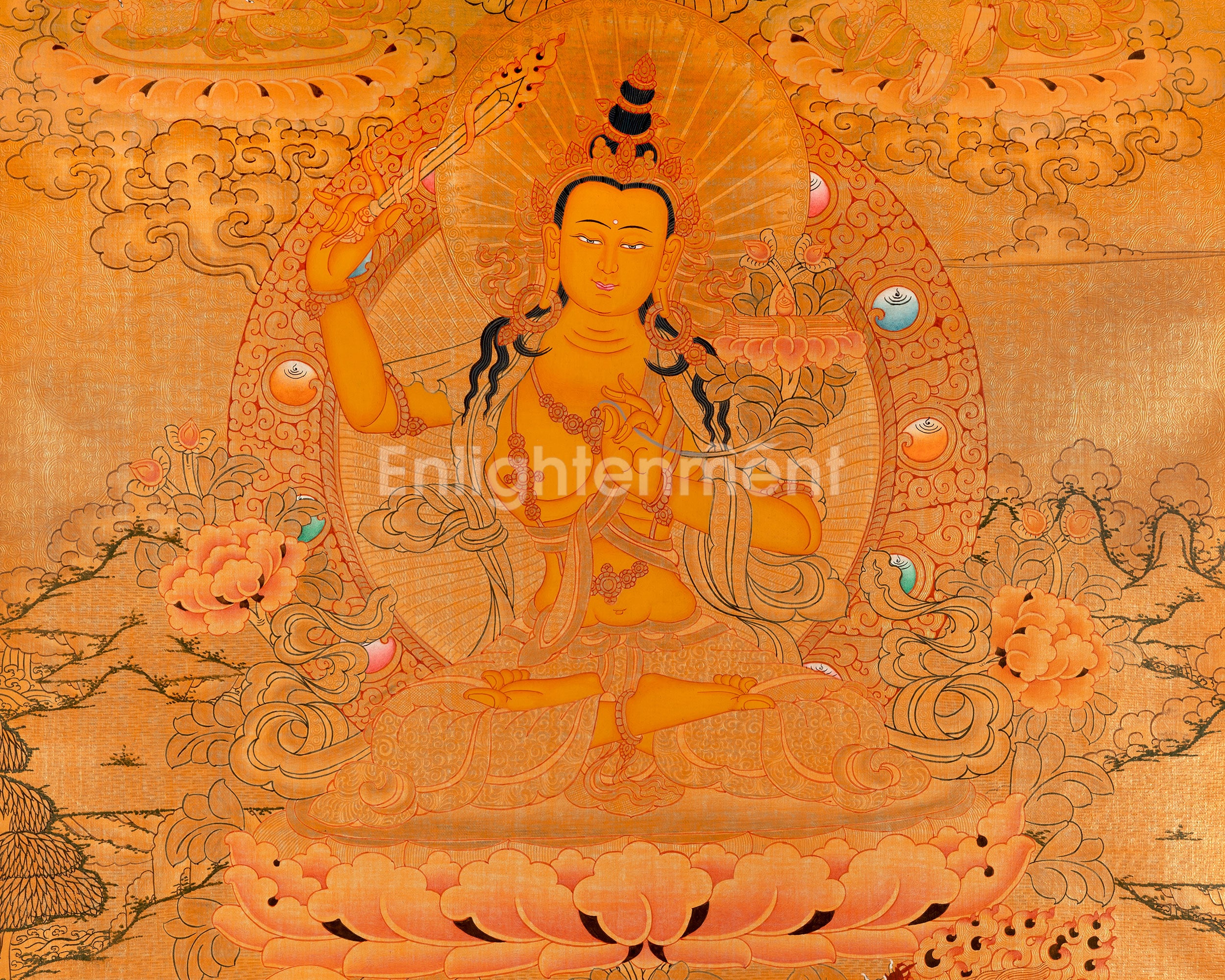 Gold Manjushri Thangka | Tibetan Buddhist Wall Decor Art