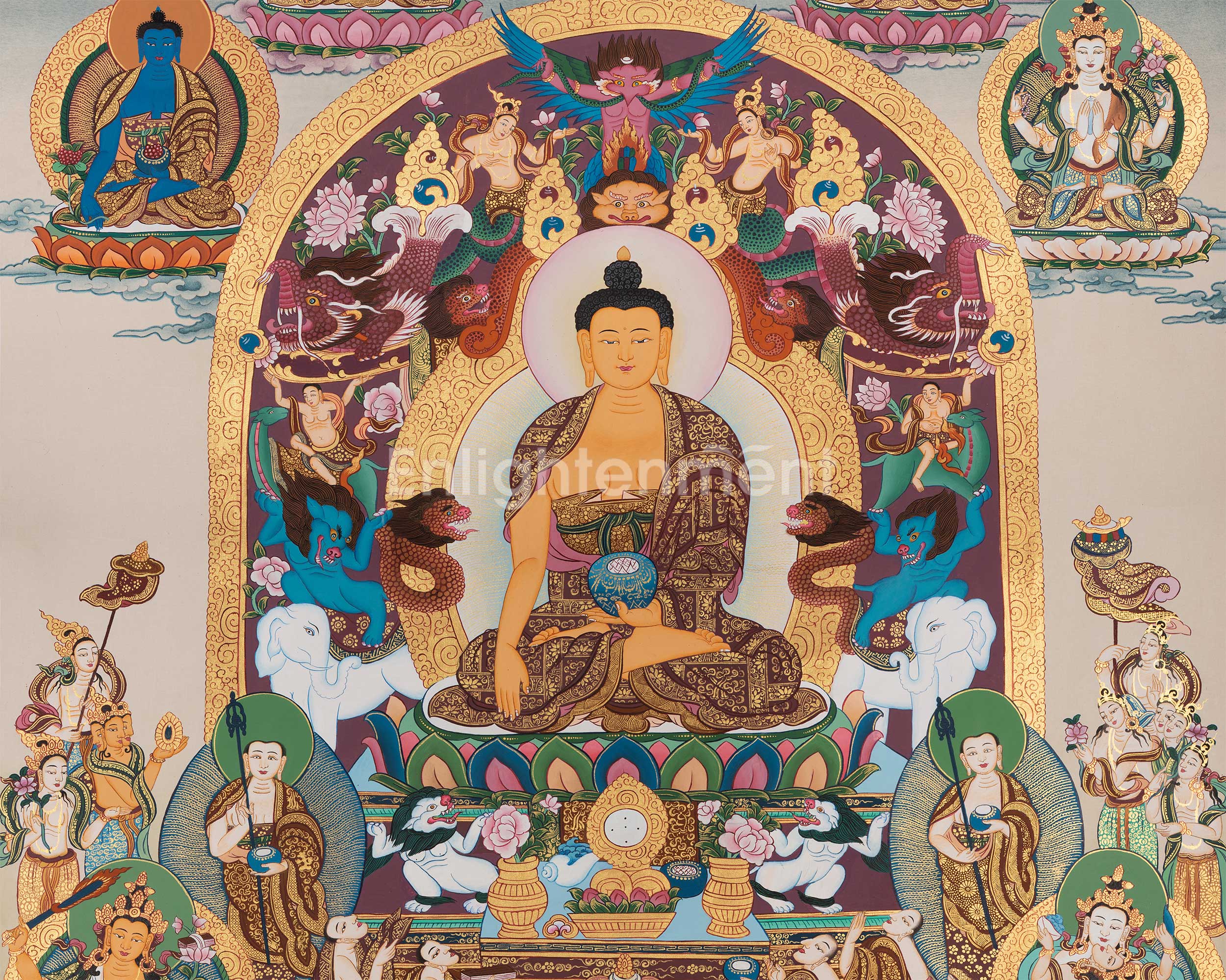 Enlightened One, Shakyamuni Buddha in Celestial Throne | Timeless Thangka Painting