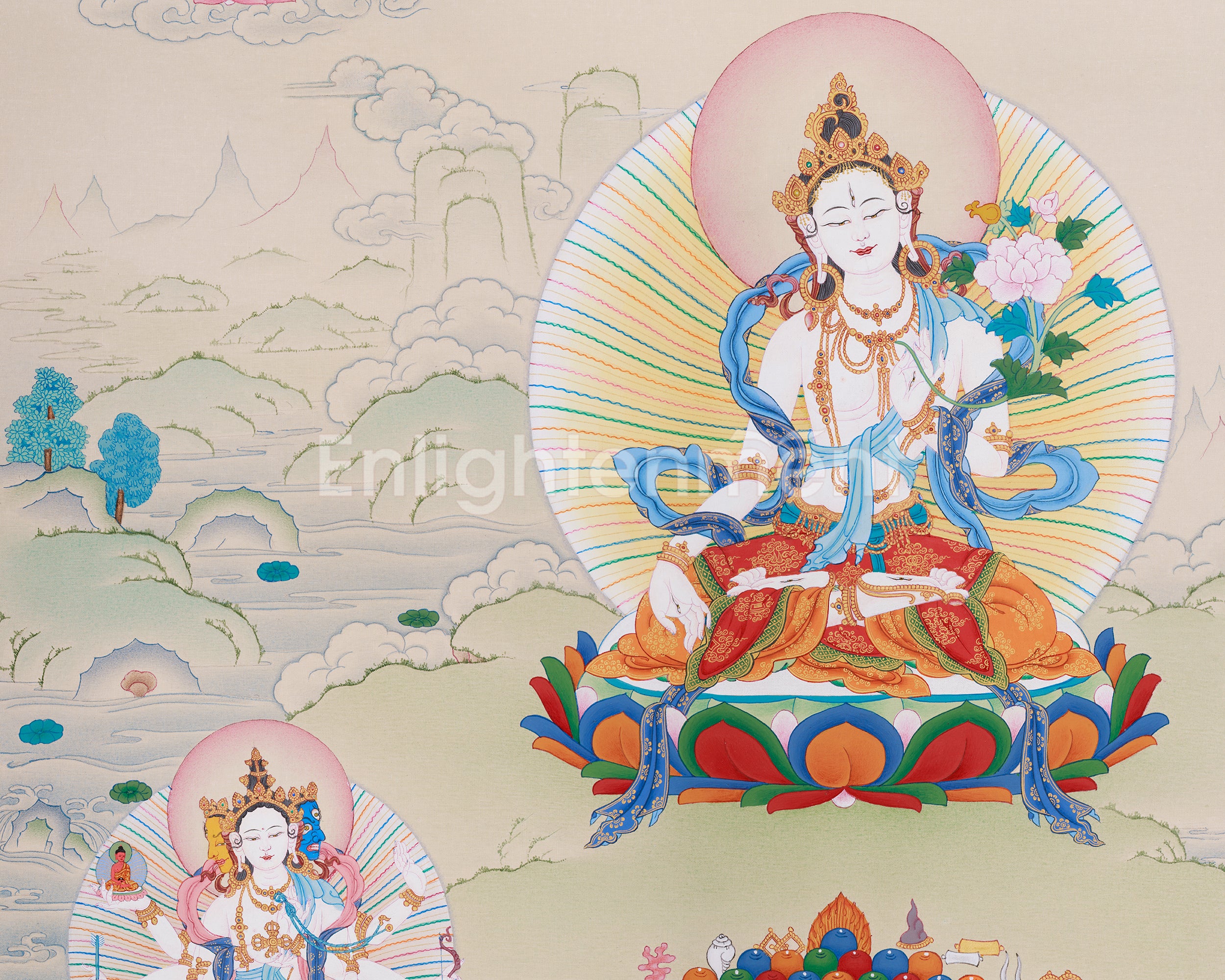 Thangka of Long-Life Deities: White Tara, Amitayus Buddha, and Namgyalma | Symbols of Protection