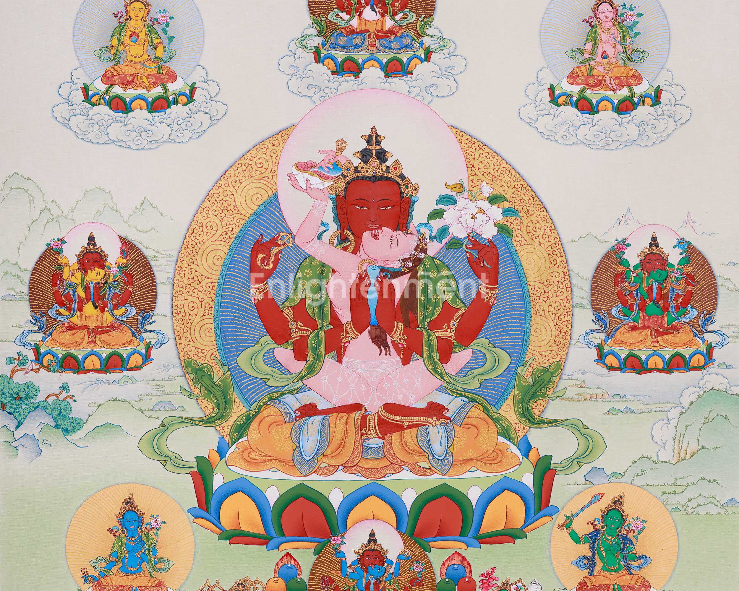 Tantric Form of Compassion, Gyalwa Gyasto | Red Chenrezig with Dakinis and Dhyani Buddhas