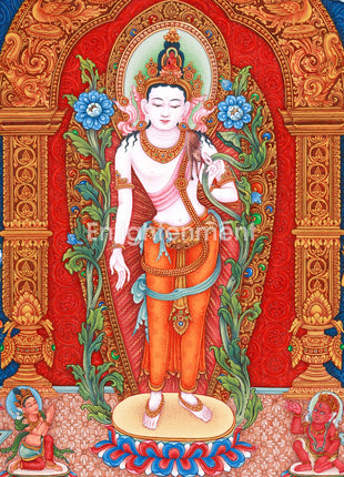 Standing Guanyin Thangka | Avalokiteshvara | 5 Dhyani Buddhas | Paubha Painting Decor