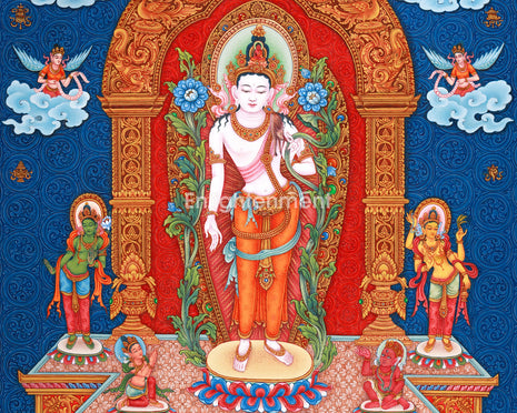 Standing Guanyin Thangka | Avalokiteshvara | 5 Dhyani Buddhas | Paubha Painting Decor