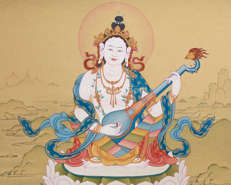 Mother Saraswati Thangka | Sacred Art of Music, Wisdom, and Spiritual Enlightenment