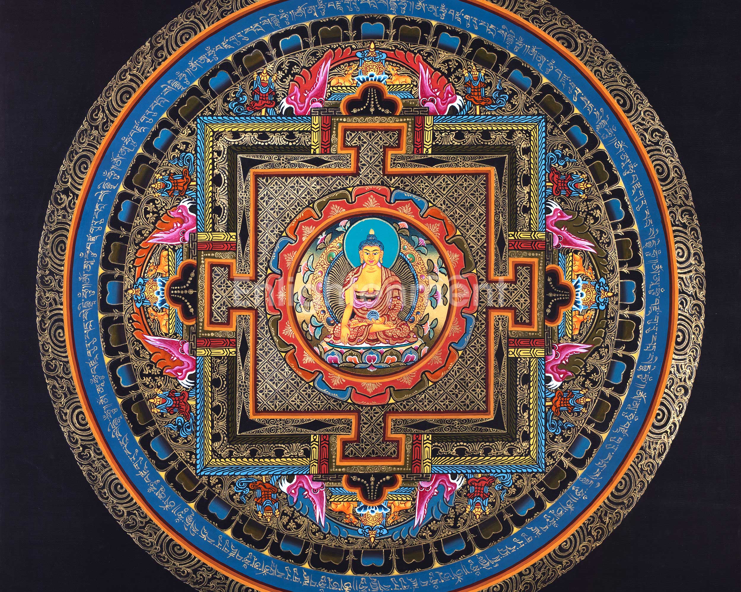 Buddha Shakyamuni Mandala Thangka Painting | Himalayan Buddhist Art  of Buddha On Lotus Throne  | 24 K Gold Work On Black  Base Color