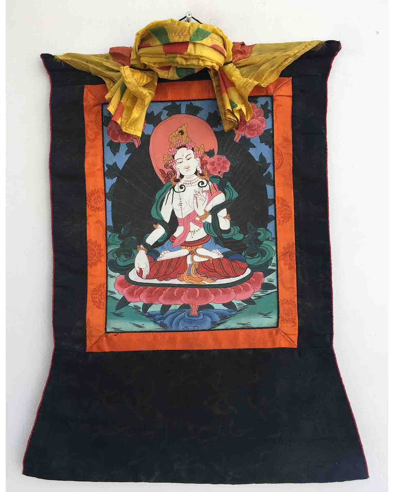 Vintage White Tara Thangka Painting | A Symbol of Serenity