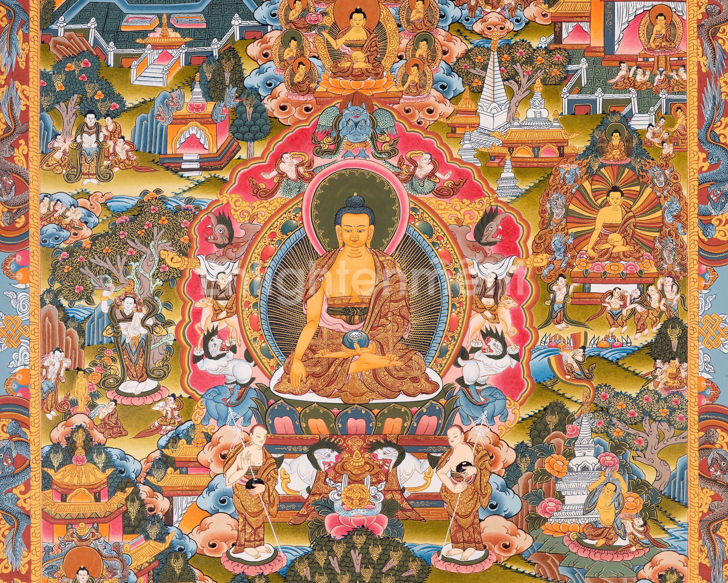 Buddha's Story to Enlightenment Thangka | A Spiritual Artwork of Compassion and Wisdom
