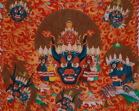 Yidam Yamantaka Head Thangka | Guardian Against Ignorance, Fear, and Spiritual Obstacles