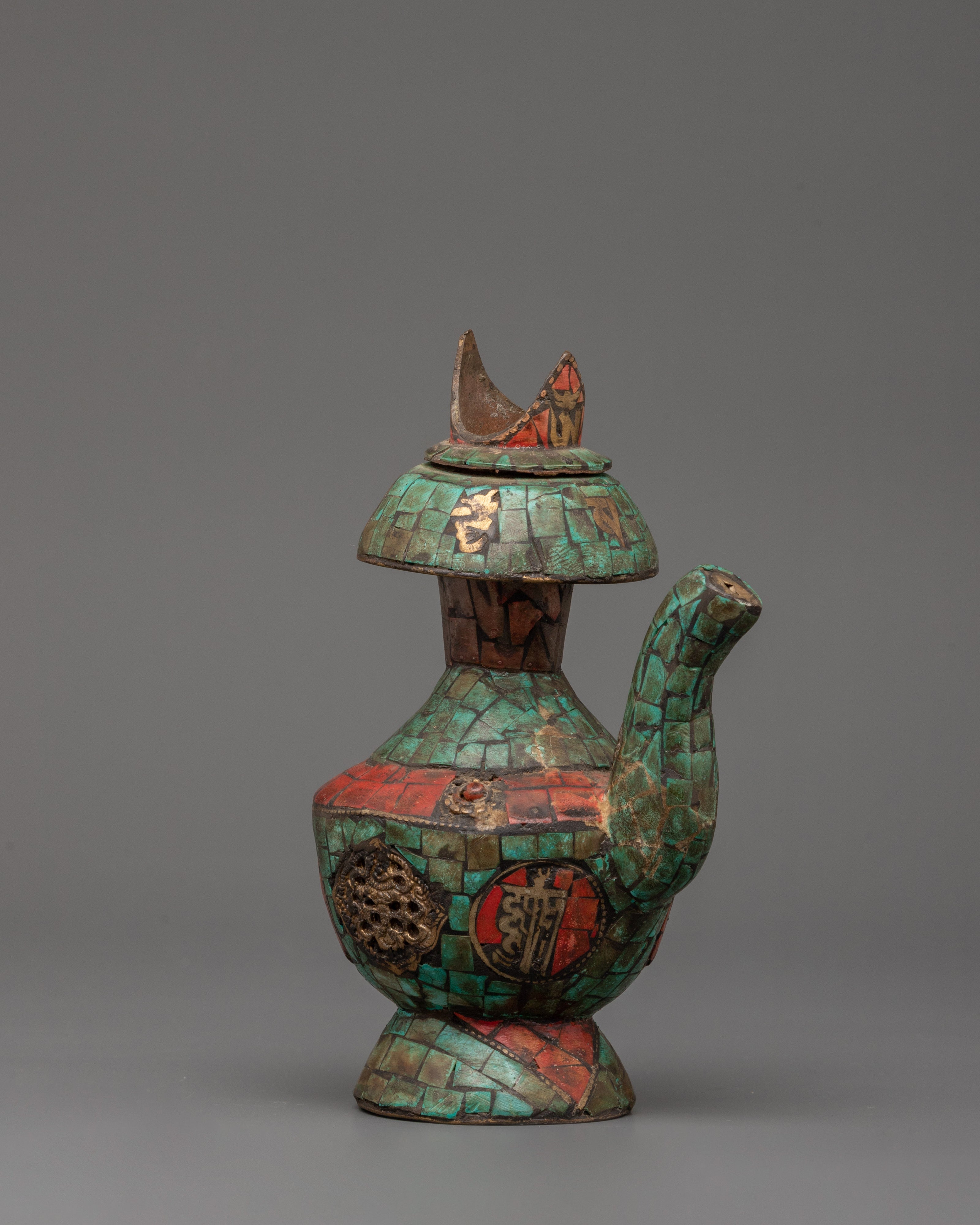 Tibetan Bhumba with Turquoise & Coral Inlay | Ritual Water Vase with Tibetan Symbols