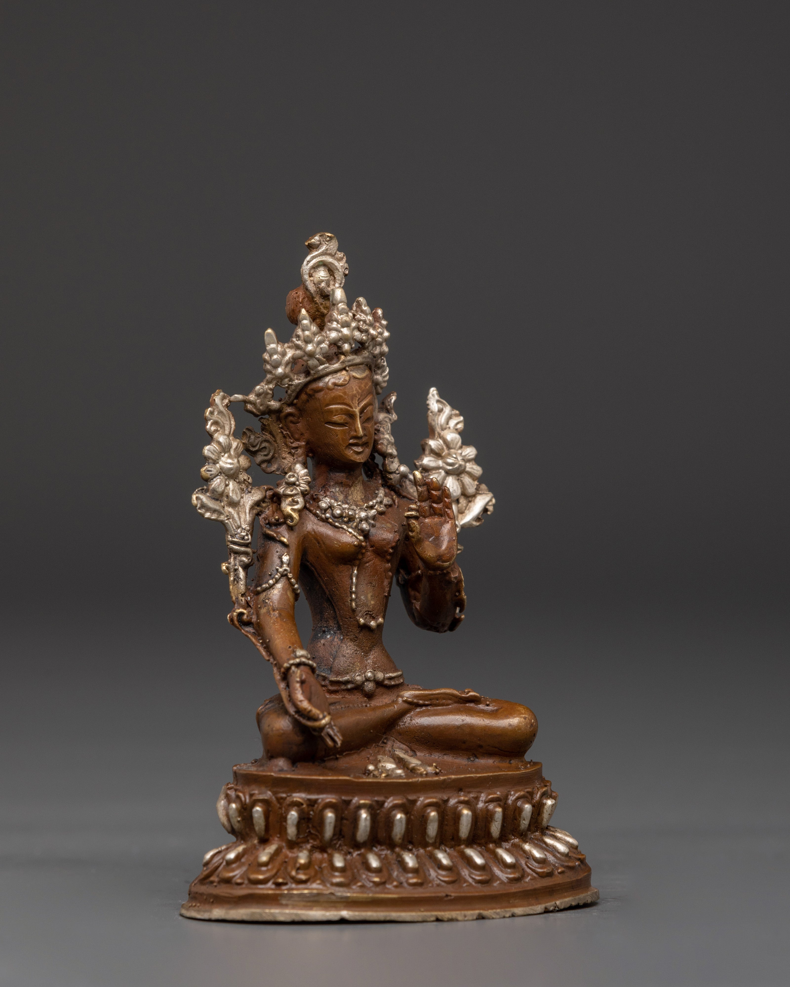 White Tara Compassionate Buddhist Goddess | Oxidized Copper Silver Plated Statue