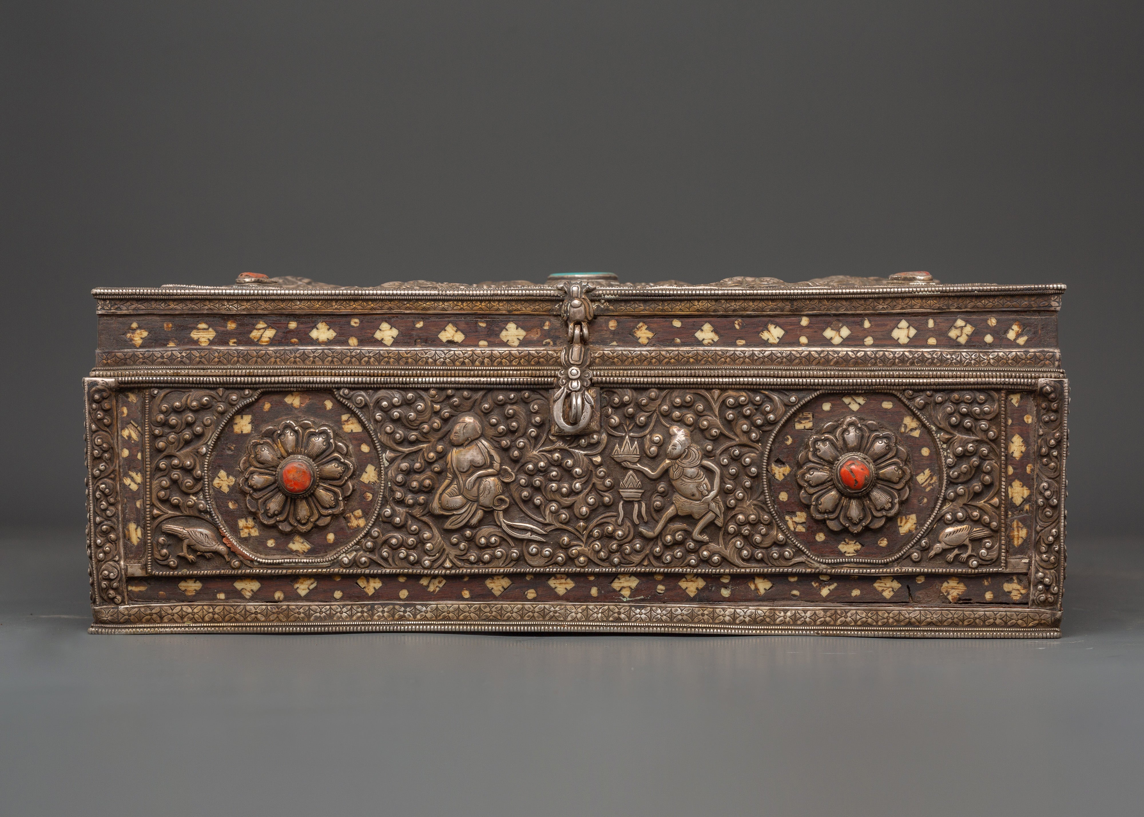 Pure Silver Treasure Box with Coral & Turquoise | Decorative Storage Box