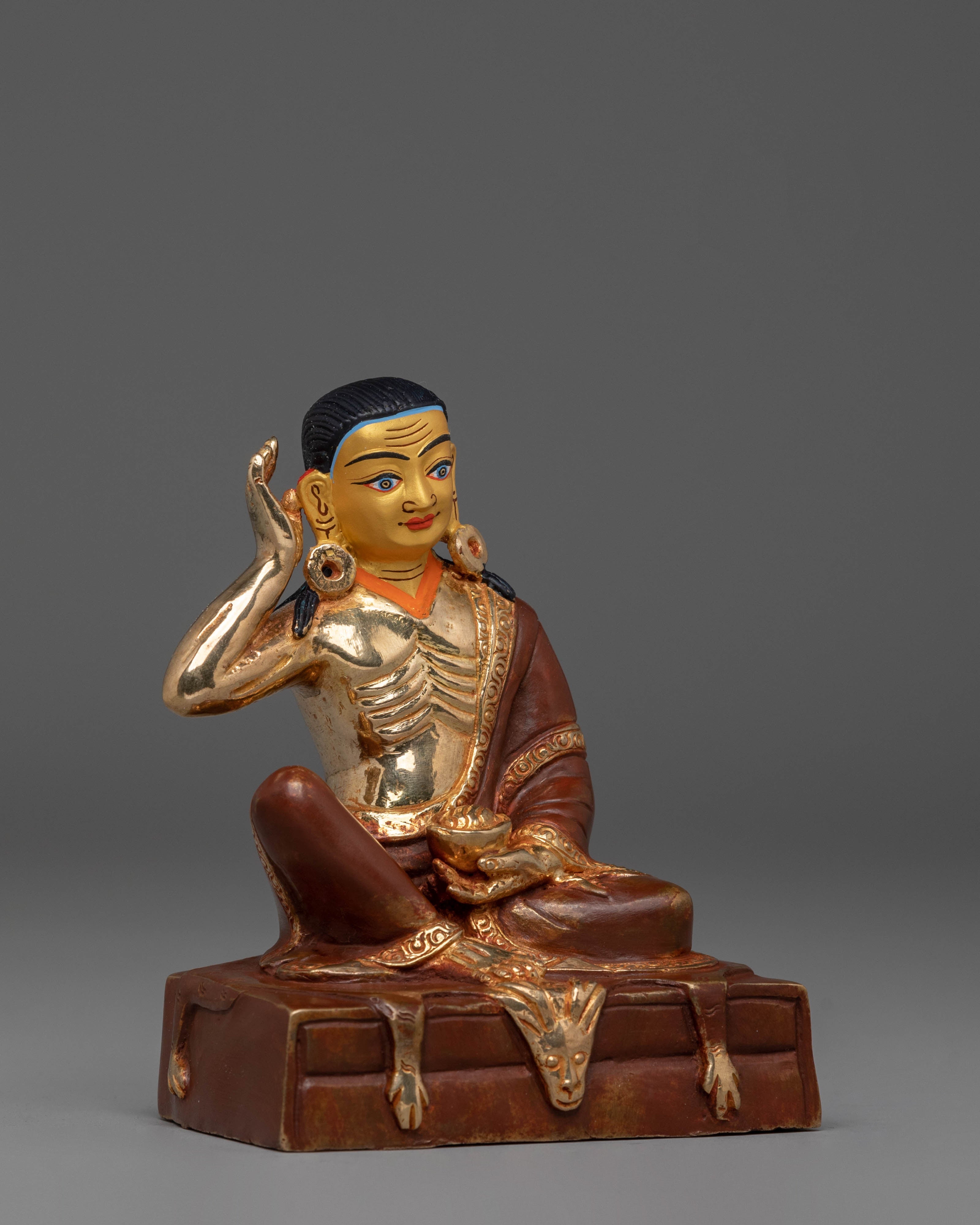 Handmade Golden Milarepa Statue | Hand-Carved Tibetan Yogi