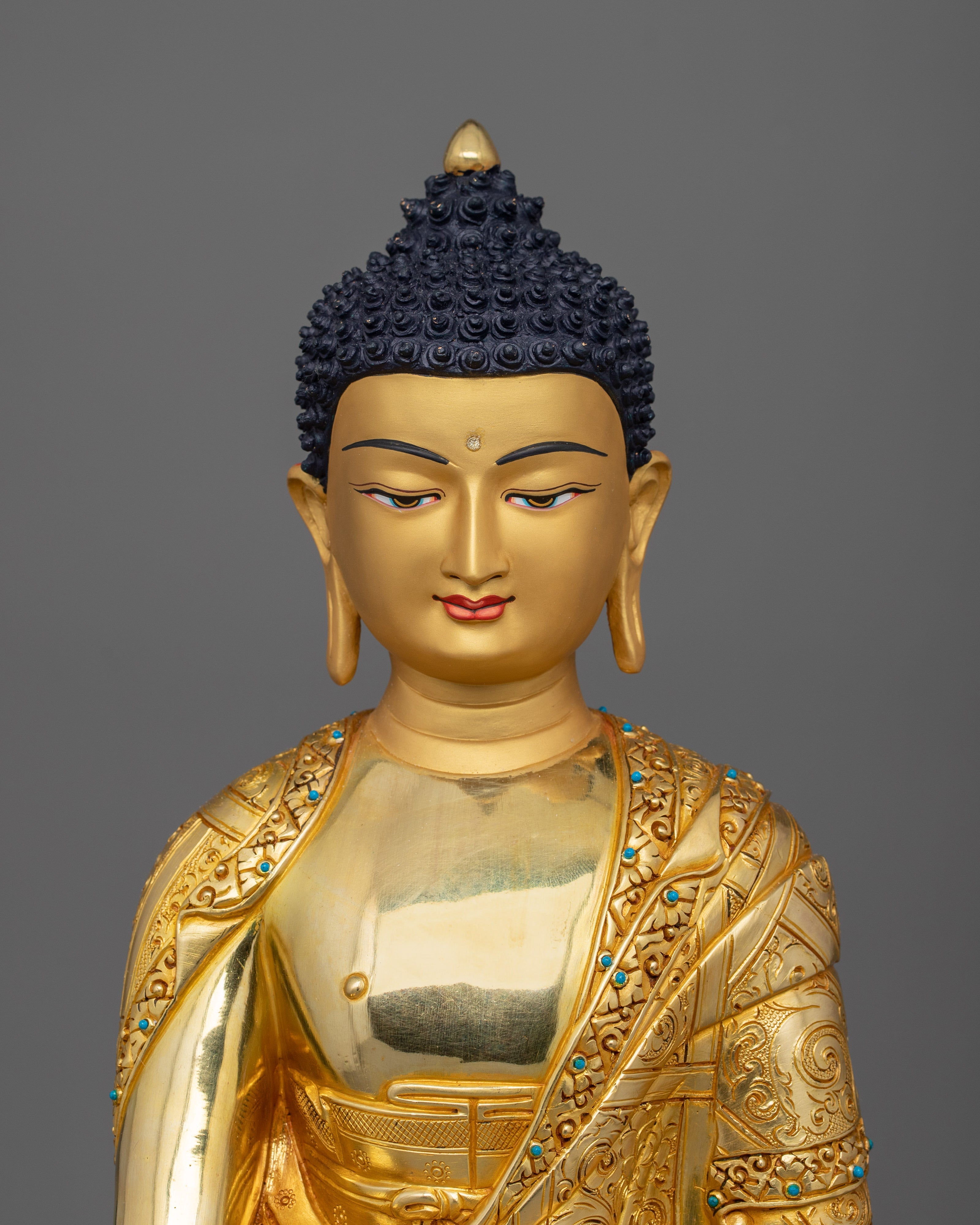 Hand Carved Buddhist Shakyamuni Buddha Figurine | 24K Gold Gilded Statue
