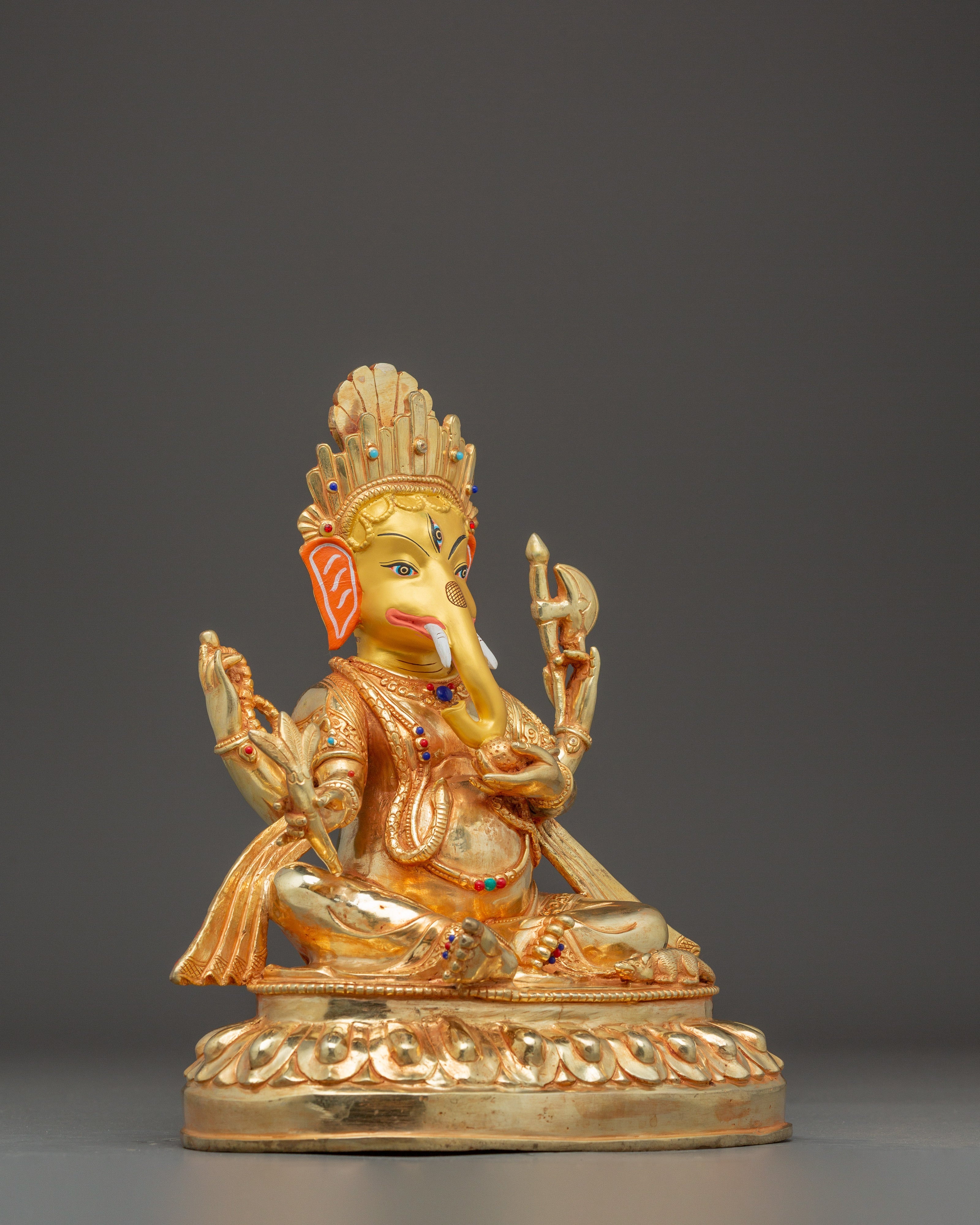Handmade Gold-Plated Ganesha Sculpture | Copper Body with Coral & Turquoise Stones