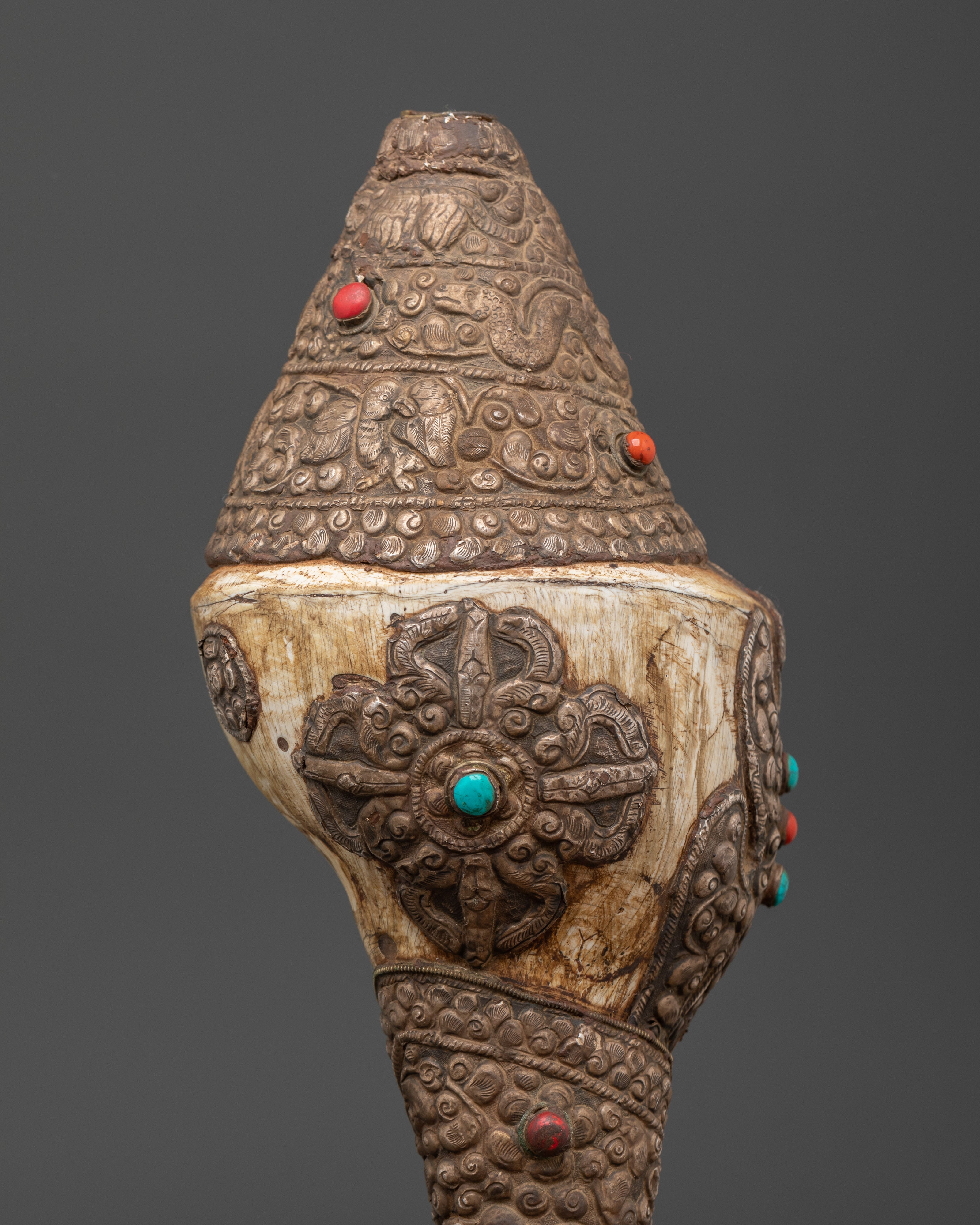 Buddhist Copper Conch Shell | Tibetan Ritual Trumpet with Coral and Turquoise