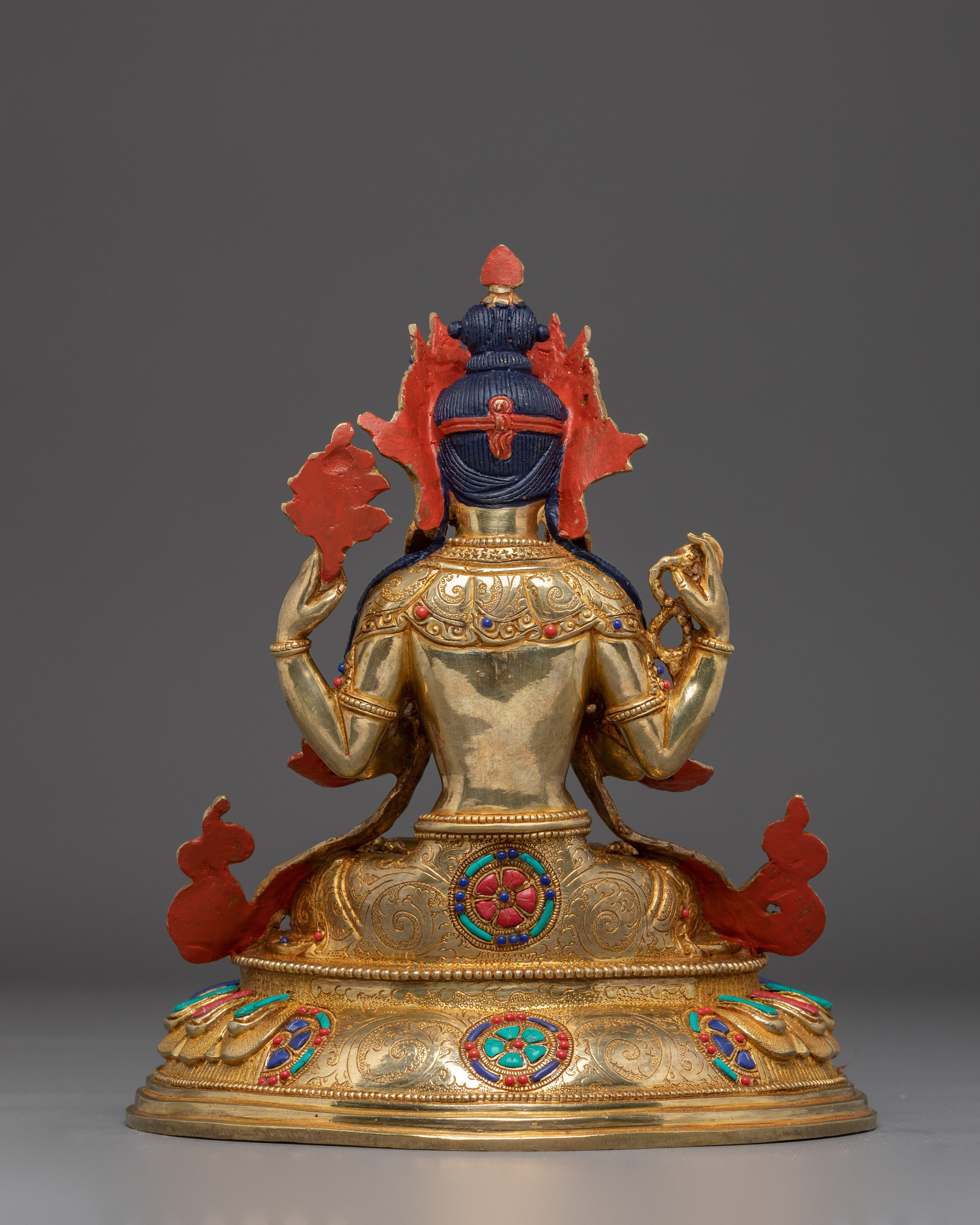 Gold Plated Buddhist Chenrezig Sculpture | Copper Sculpture with Coral & Turquoise