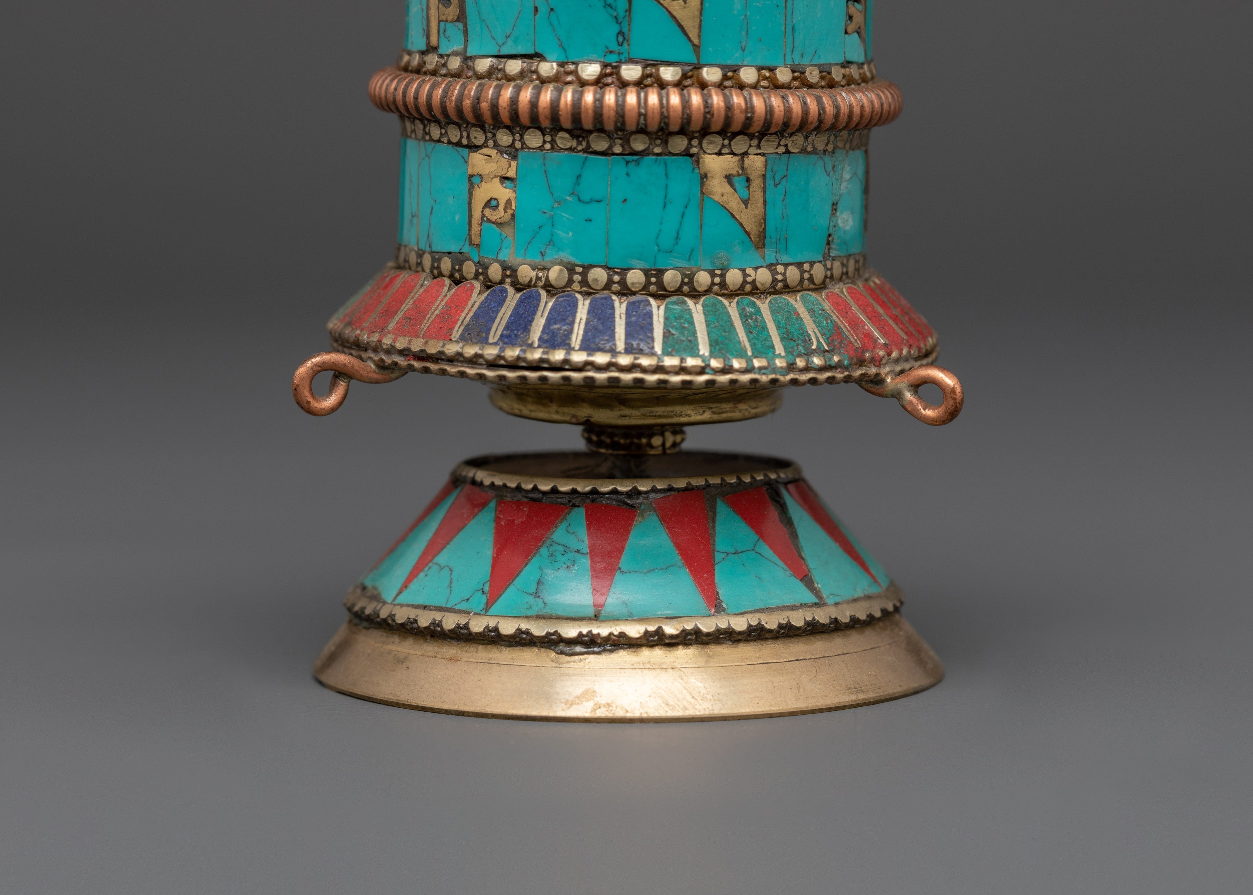 Handmade Turquoise Stone Mantra Prayer Wheel | Brass Coral Buddhist Wheel