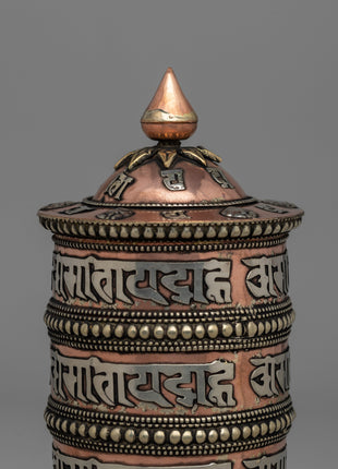 Traditional Tabletop Tibetan Prayer Wheel | Mani with Mantra, Copper & Brass Design