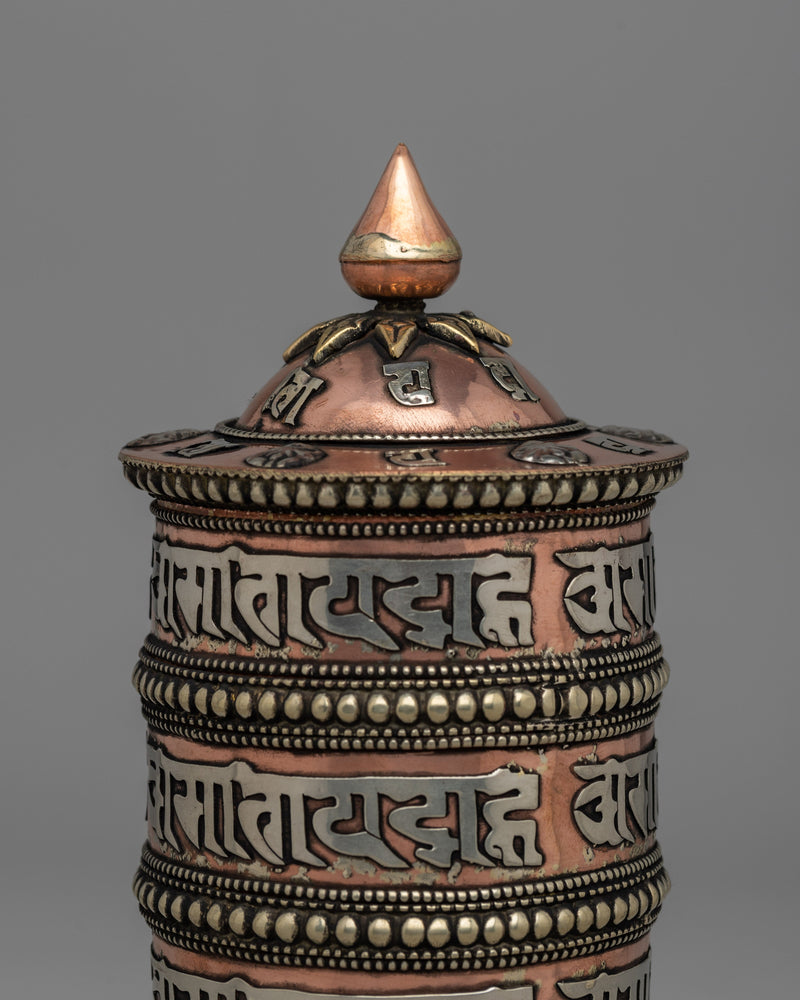 Traditional Tabletop Tibetan Prayer Wheel | Mani with Mantra, Copper & Brass Design