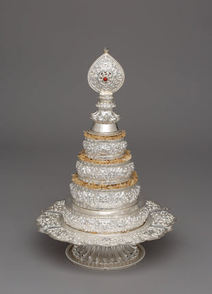 Handcrafted Silver Ritual Item Mandala Offering Set | 17.5cm Rice Offering Set