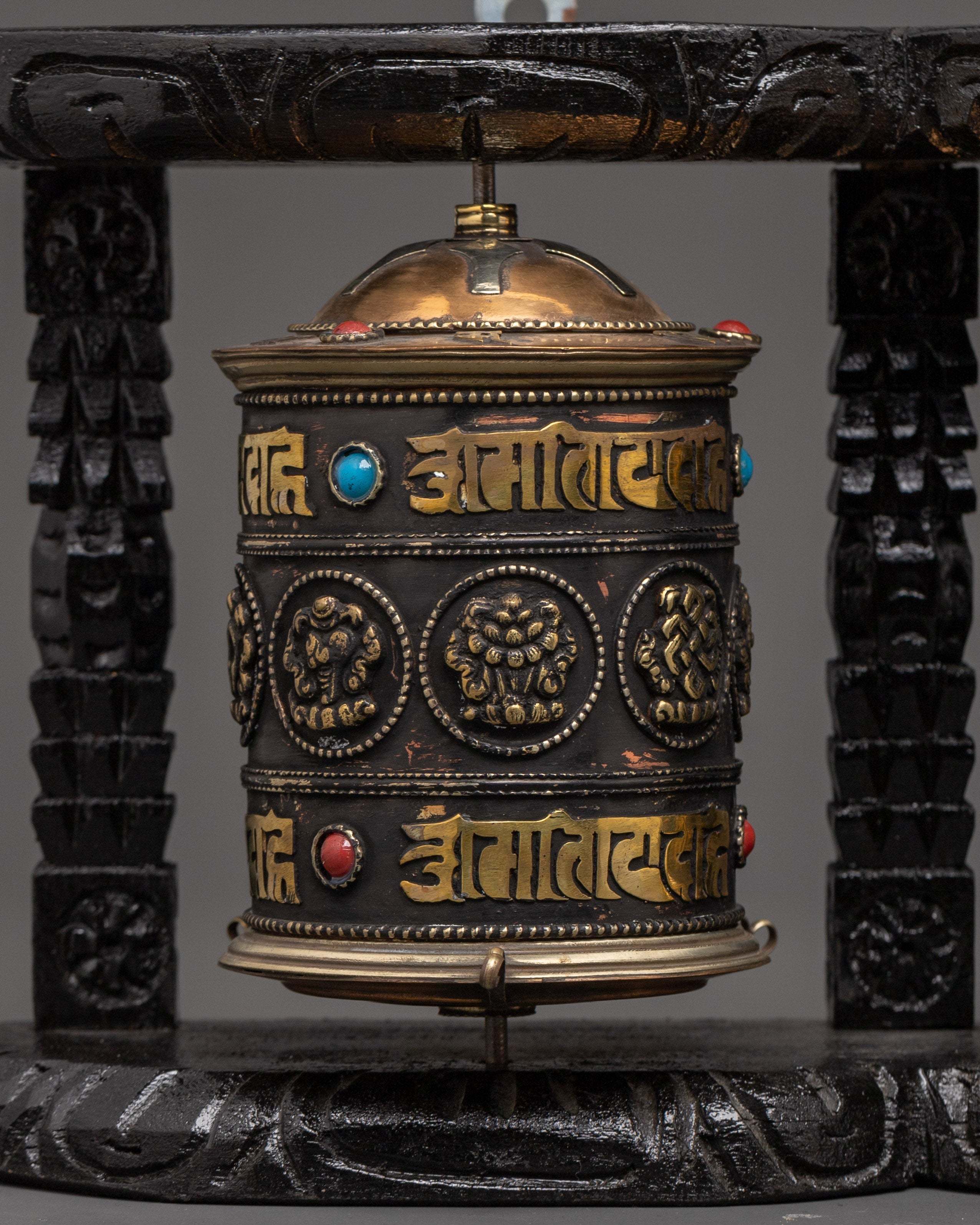 Five Tibetan Prayer Wheels on a Wooden Frame | Mantra Spinners
