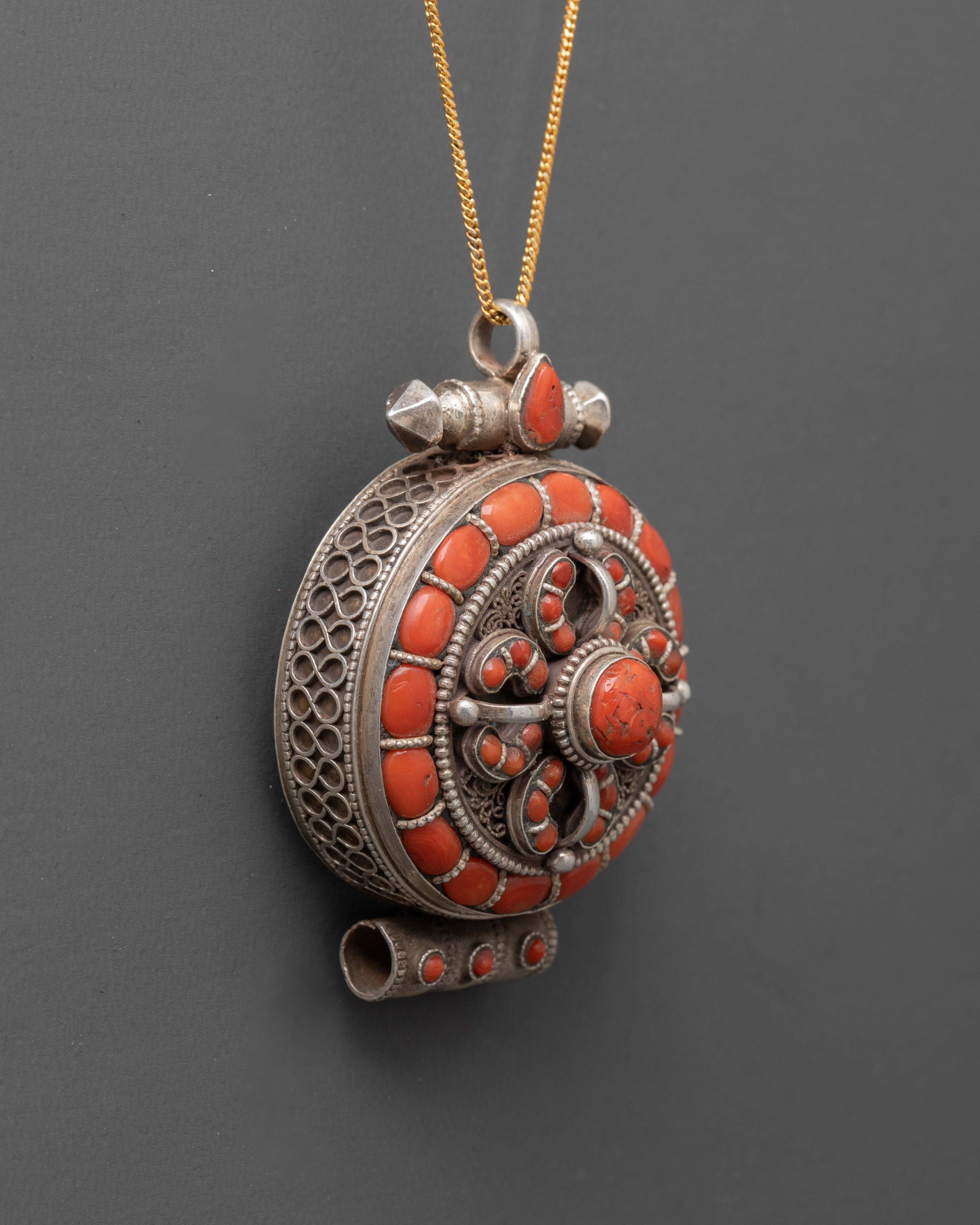 Sterling Silver Ghau Box Locket with Coral Stone | Tibetan Pendant