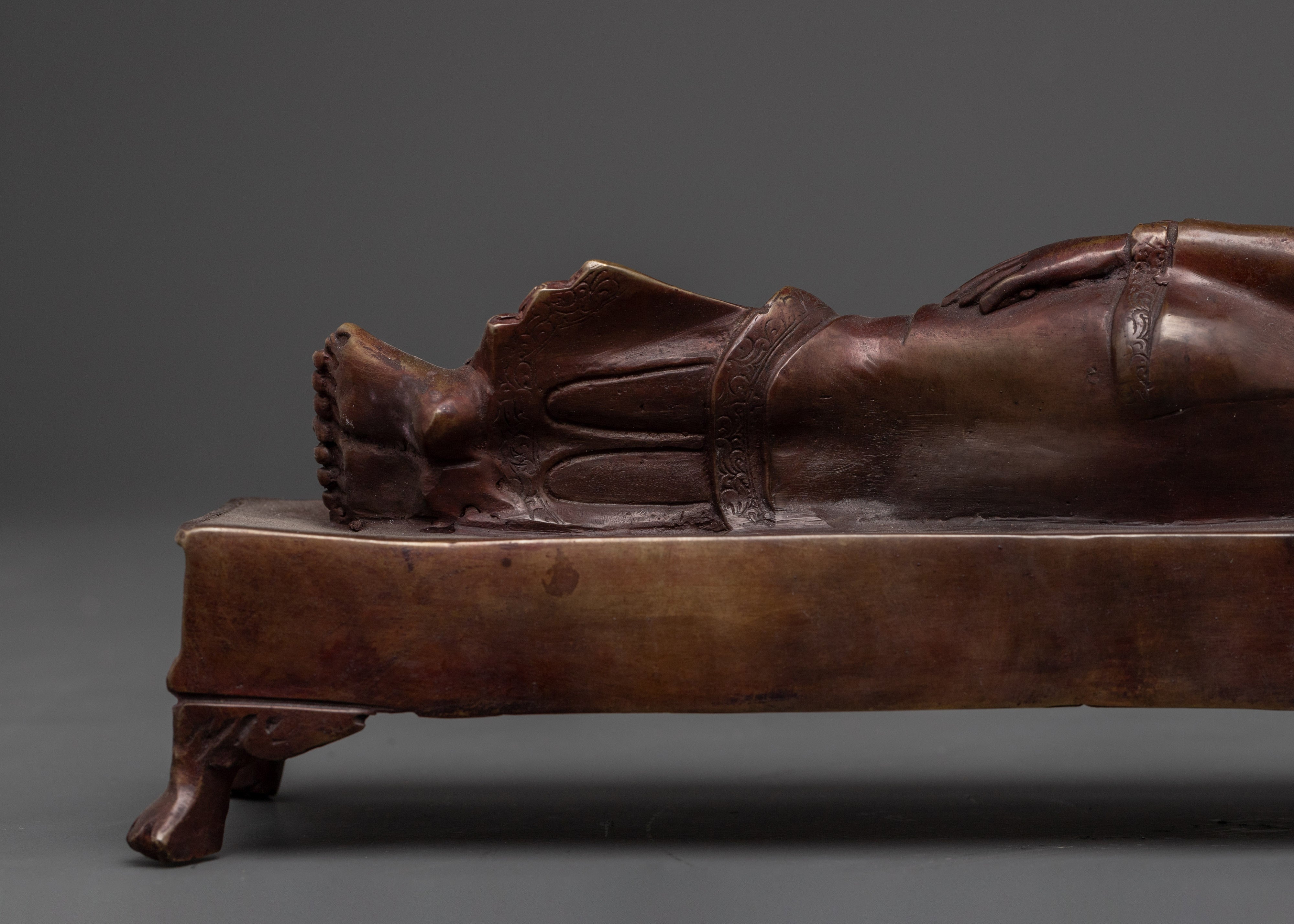 Historical Sleeping Buddha Statue | Handcrafted Oxidized Copper Reclining Buddha Figurine