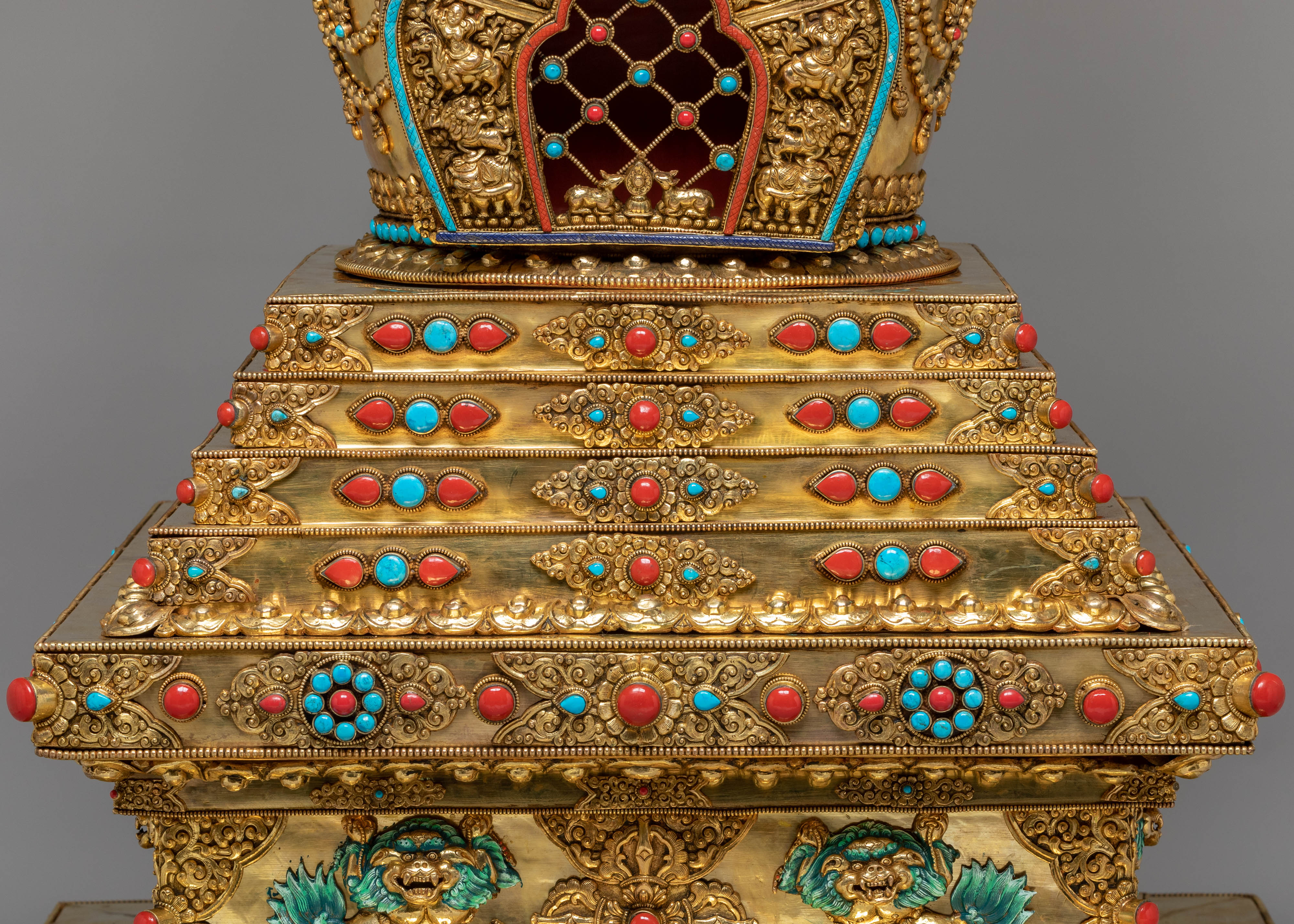 Buddhist Handcrafted Sacred Stupa | Gold-Plated Copper with Coral & Turquoise
