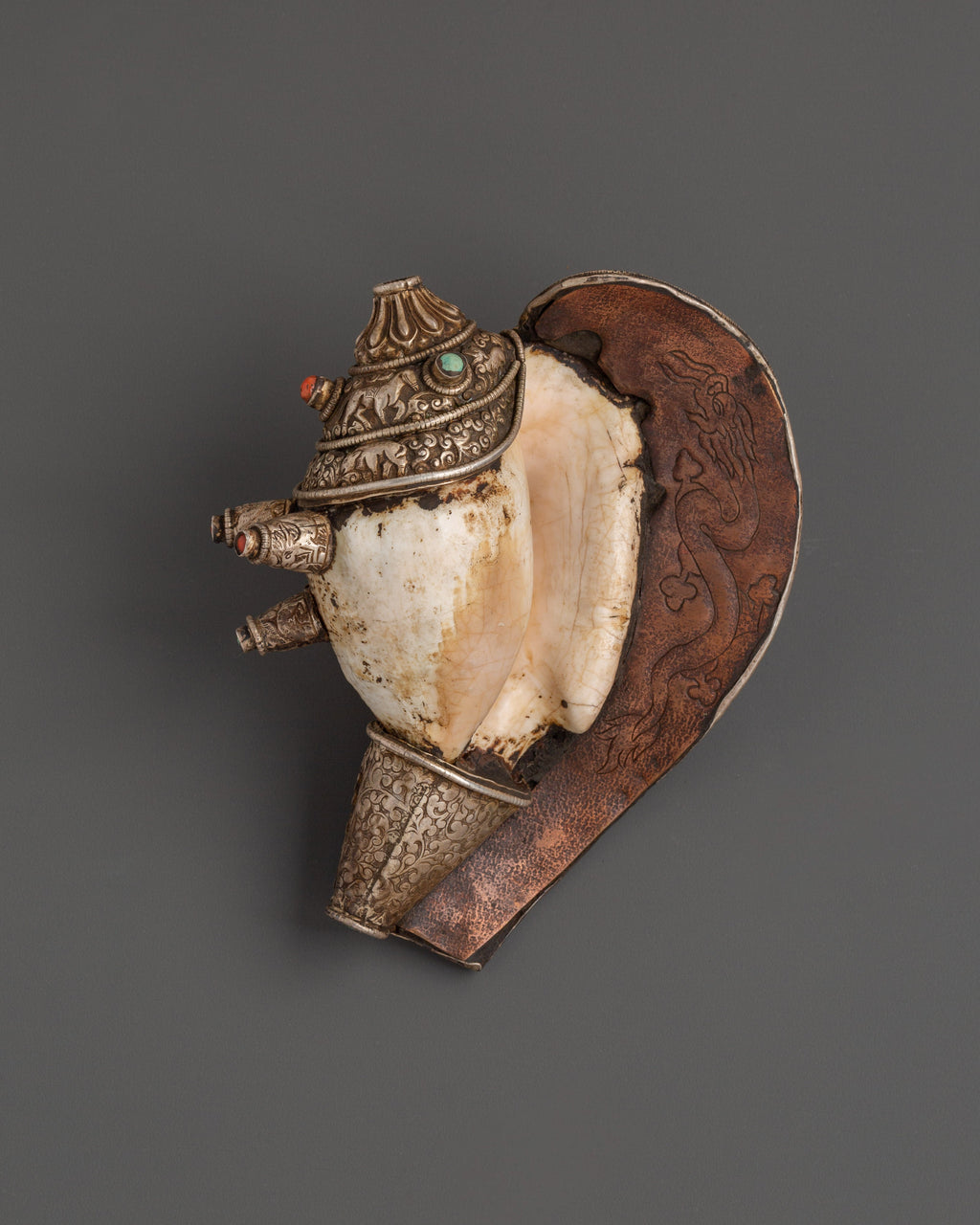 Conch Shell Ritual Ritual Conch Shell with Silver Inlay & Turquoise Stones | Tibetan Budd