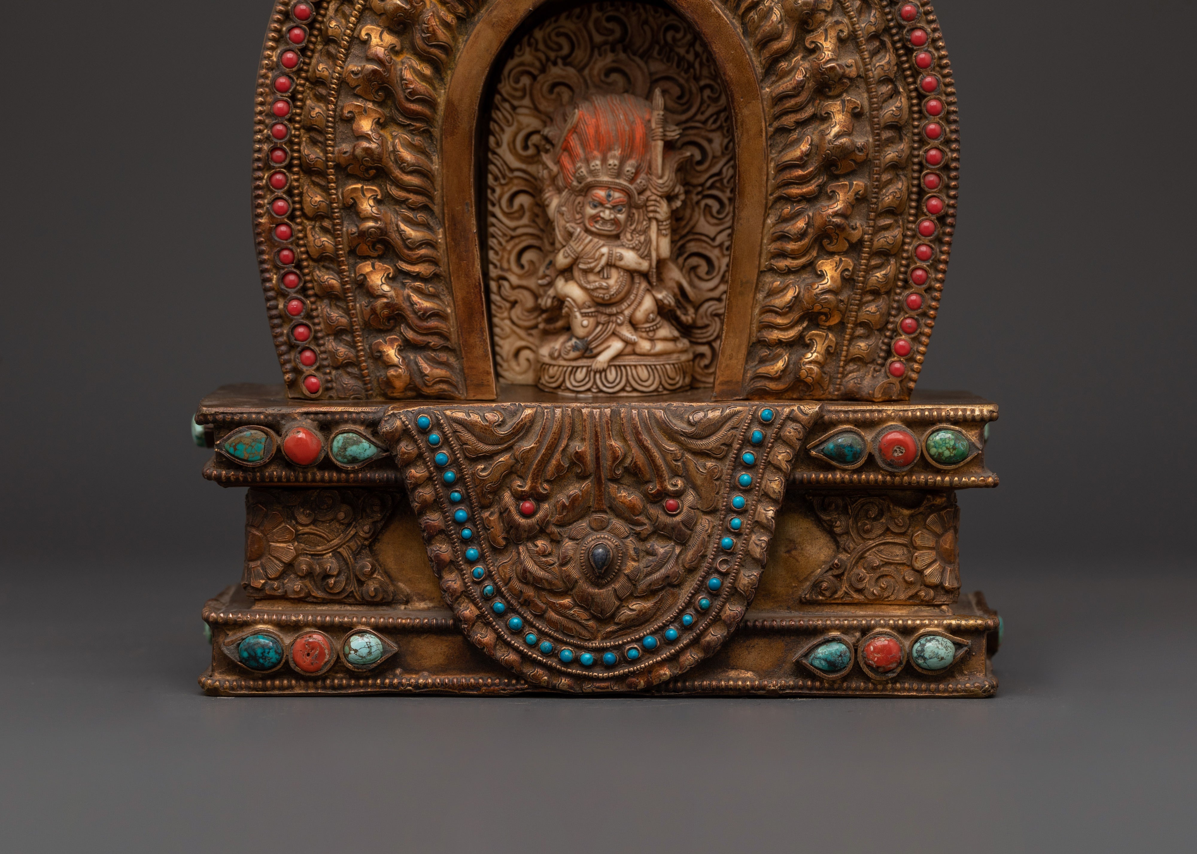Handcrafted Copper Ghau Box with Four Armed Mahakala | For Spiritual Protection