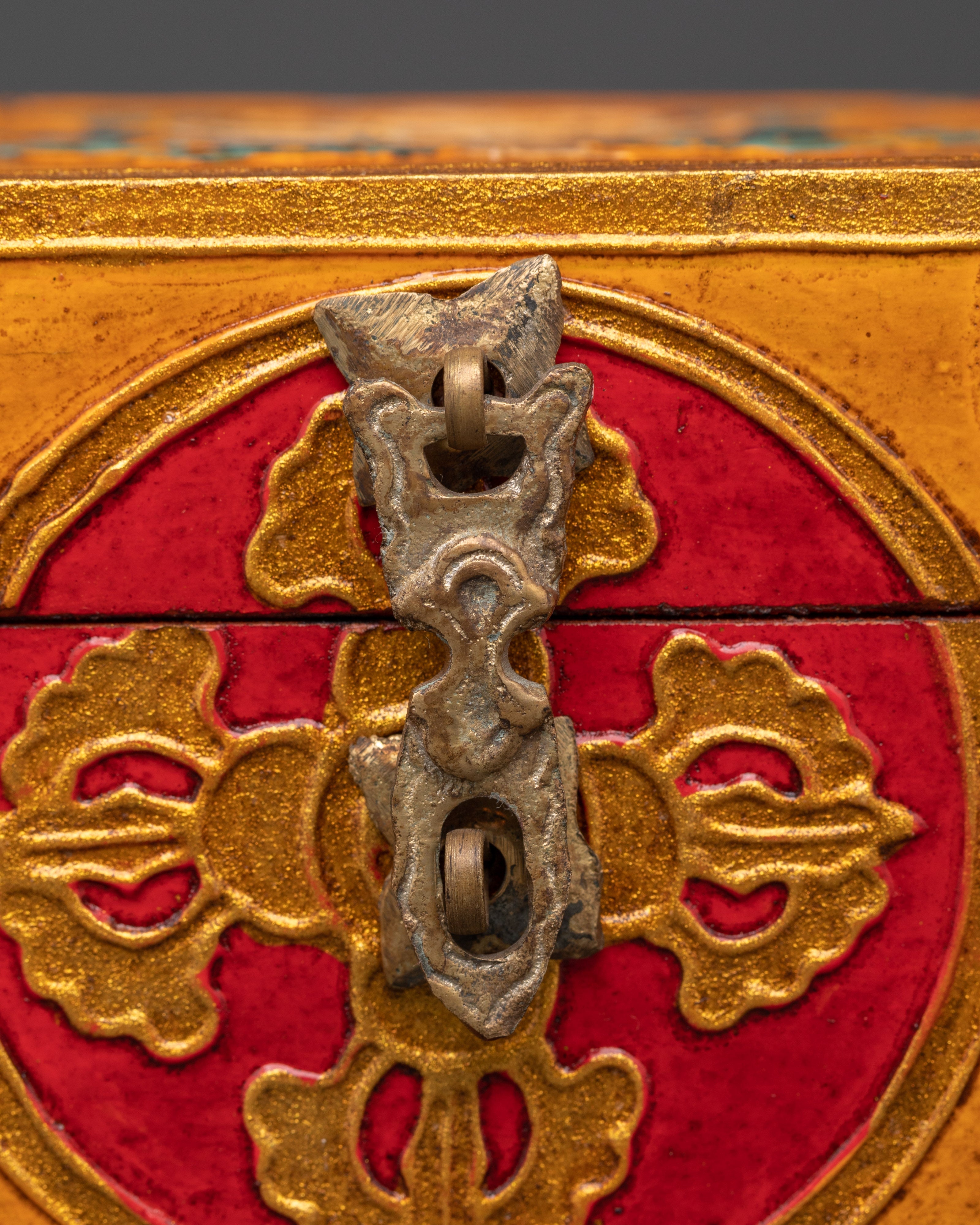 Hand Painted Tibetan Treasure Box | Yellow Red Wood Chest with Cloud Motifs