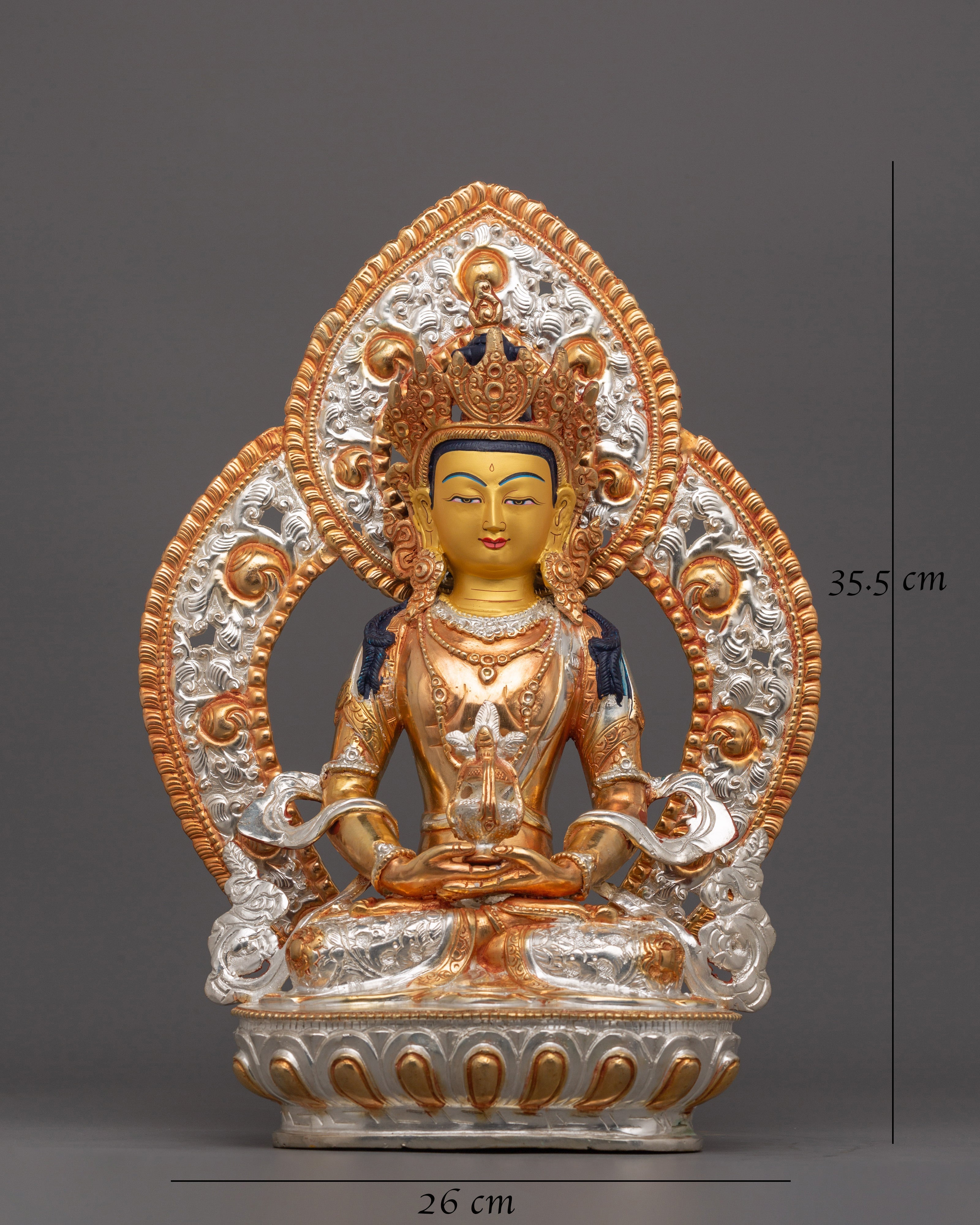 Handmade Buddha Amitayus Statue | Handmade Gold and Silver-Plated Copper Sculpture for Altar