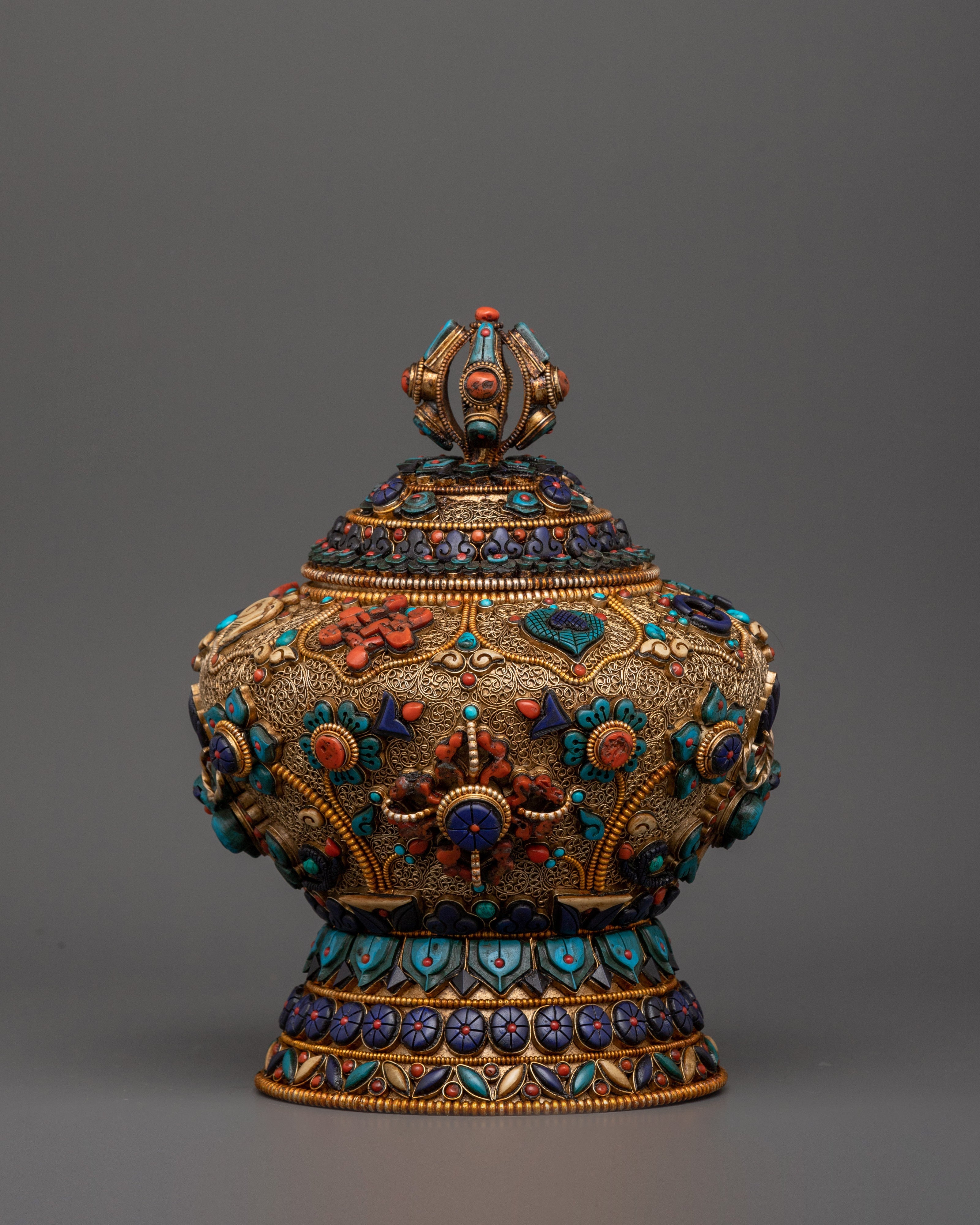 Tibetan Rice Bowl with Coral | Buddhist Altar Offering Bowl Decor