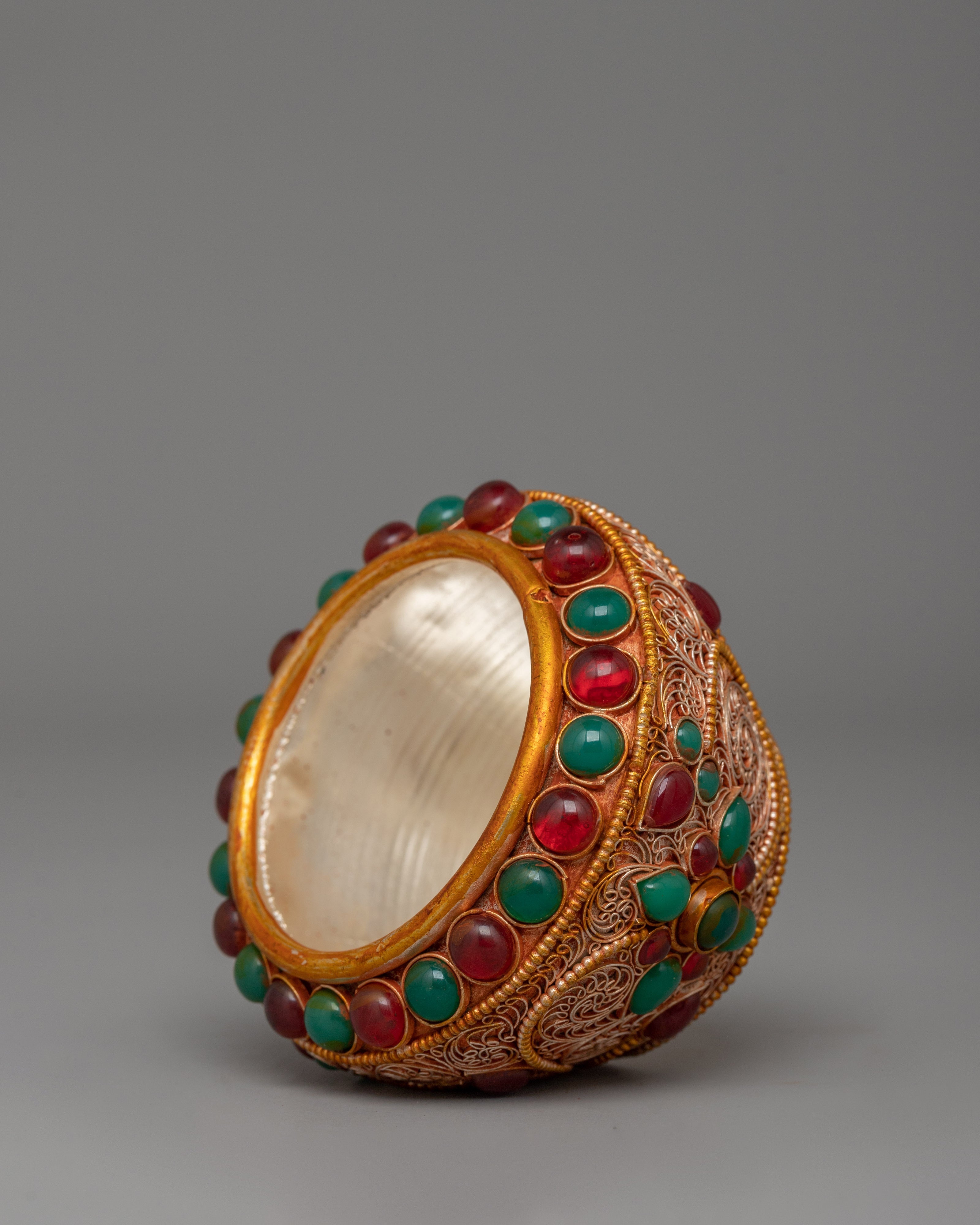 Gold-plated copper Golpa with coral | Tibetan Altar Offering Vessel