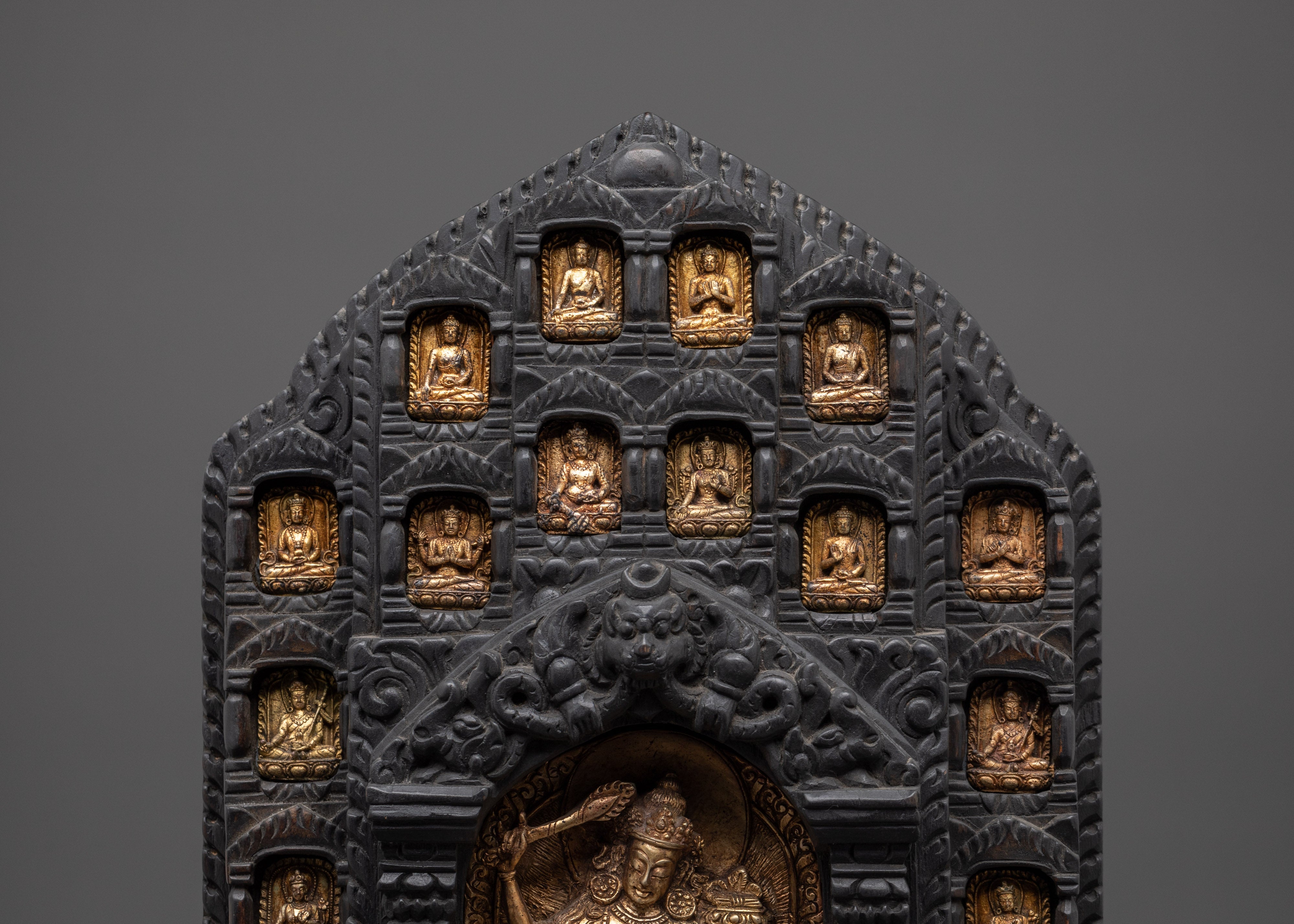 Gold Plated Manjushri Statue with Wooden Frame | Tibetan Bodhisattva of Wisdom