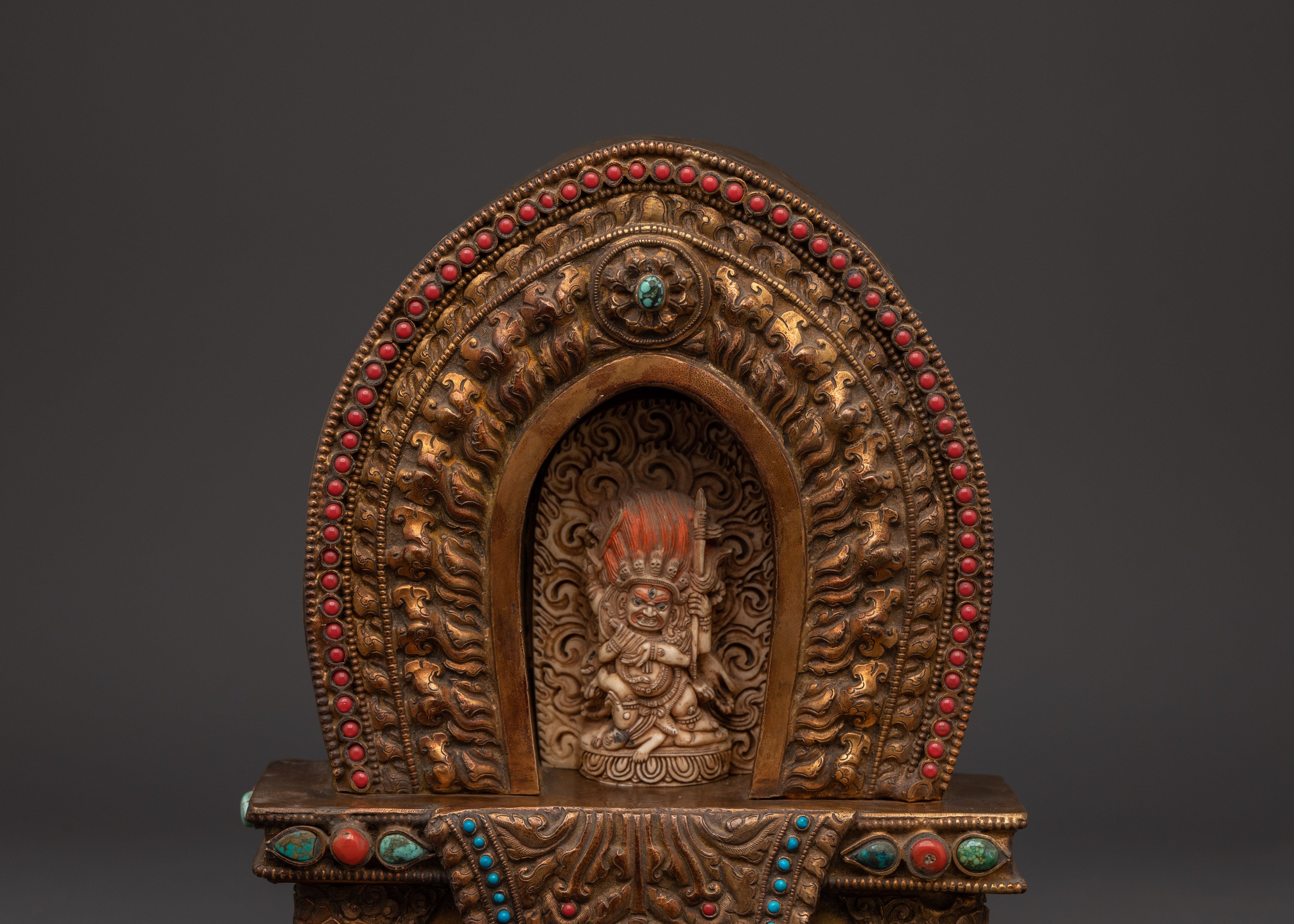 Handcrafted Copper Ghau Box with Four Armed Mahakala | For Spiritual Protection