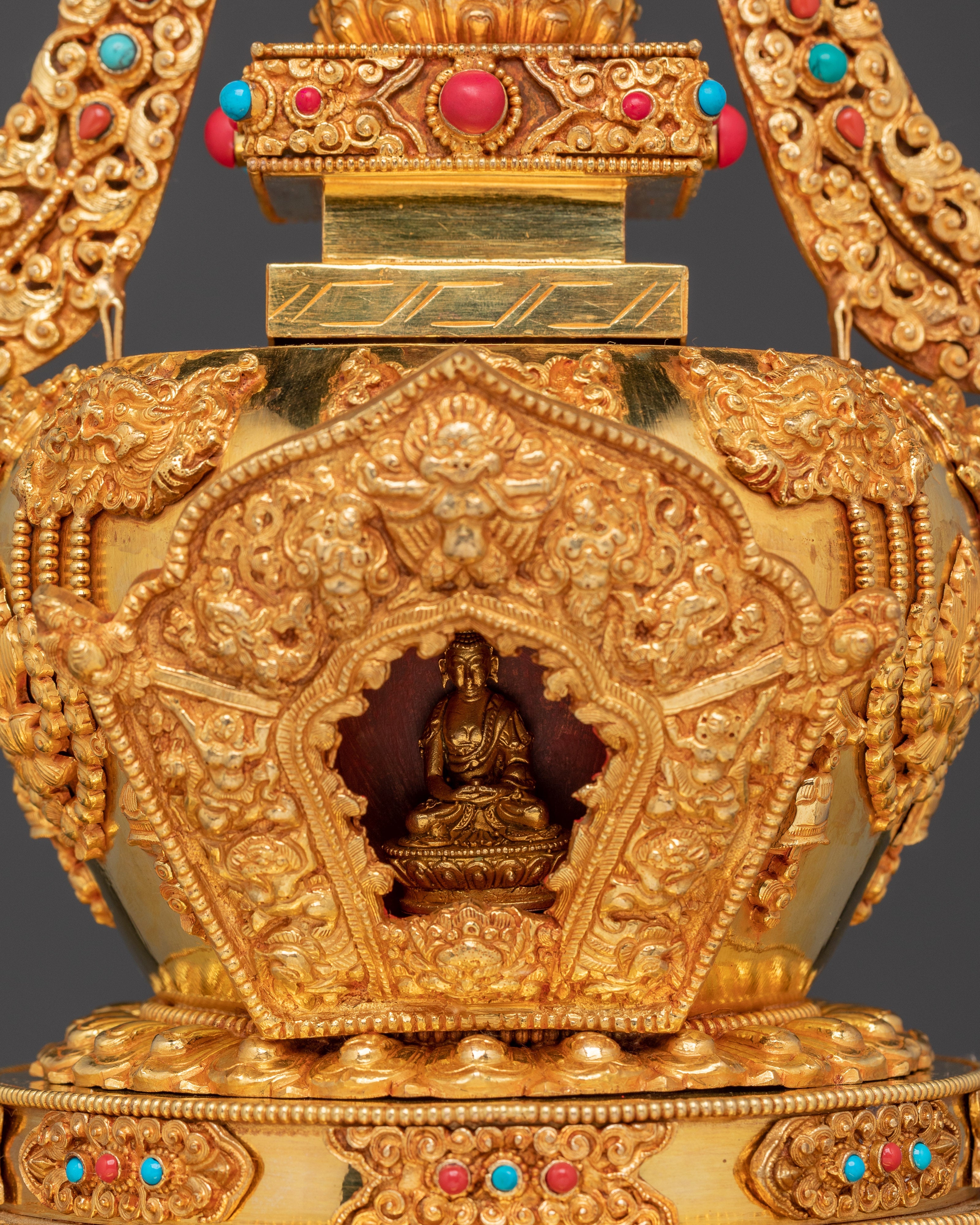 Gold-Plated Copper Buddhist Stupa for Tibetan Altar