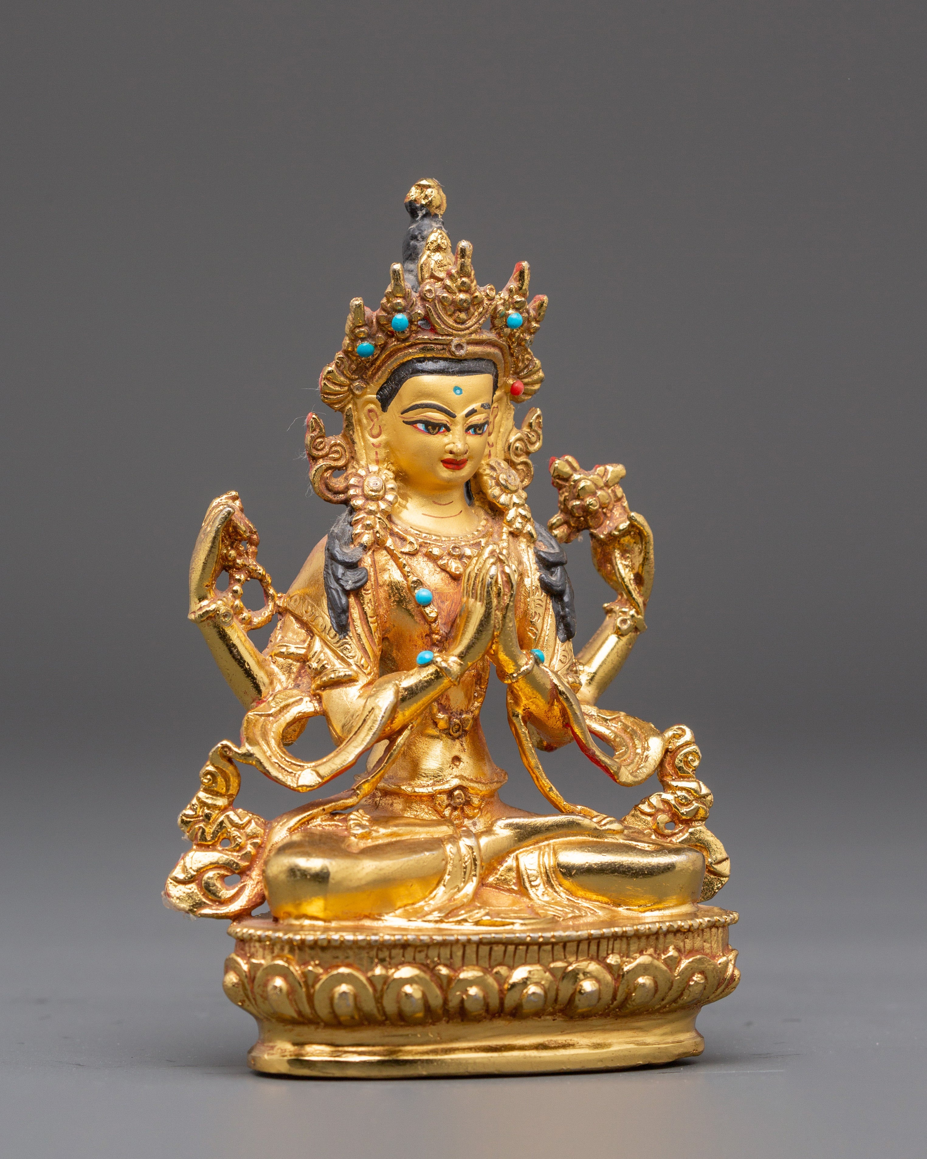 Sacred Bodhisattva Chenrezig Handmade Statue | Gold Plated Tibetan Deity Sculpture
