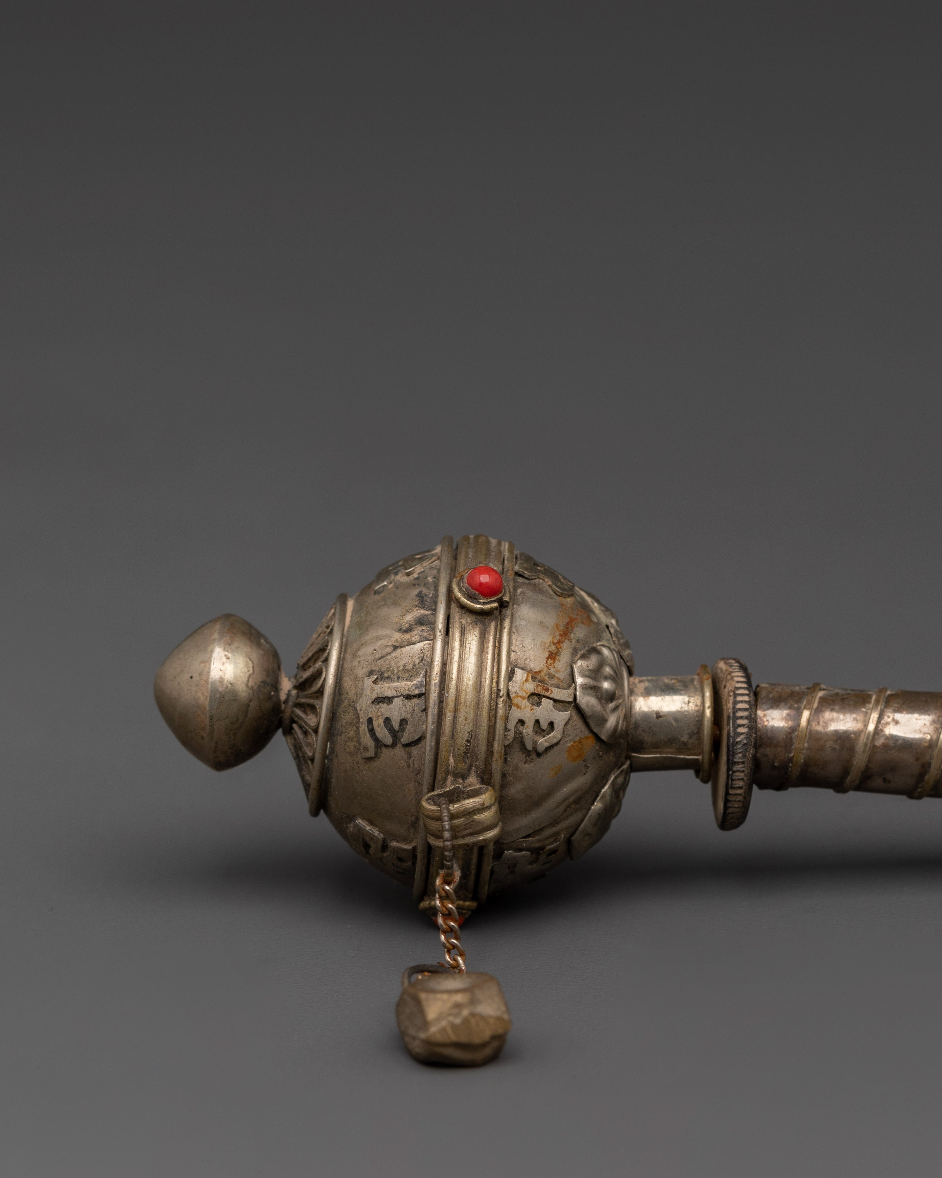 Handcrafted Buddhist Sacred Prayer Wheel | White Metal with Coral Inlays