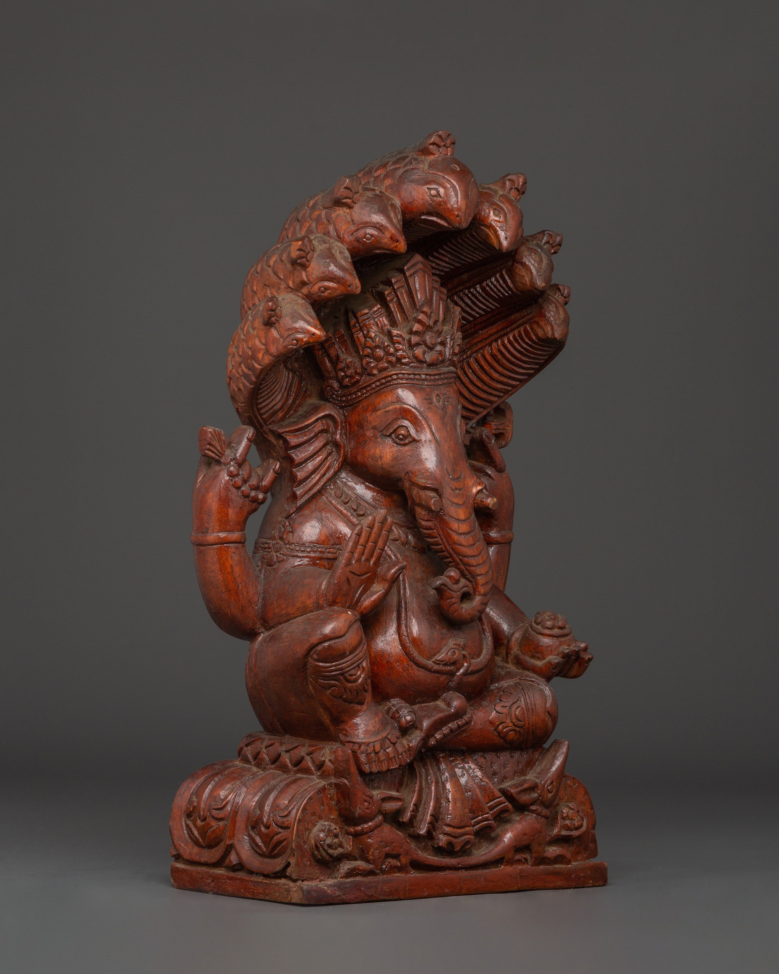 Handcrafted Wooden Ganesha Sculpture | Hindu Elephant Deity Figurine