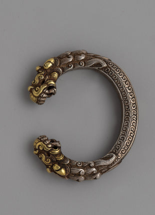 Exquisite Newari Dragon-Head Bracelet | Vintage Silver Bracelet with Gold Accents