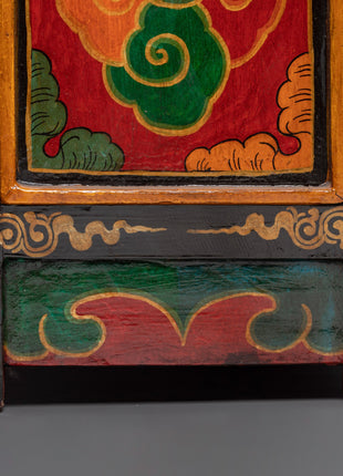 Hand-Carved Tibetan Wooden Cabinet with Door | Sacred Symbols and Artisan Detailing