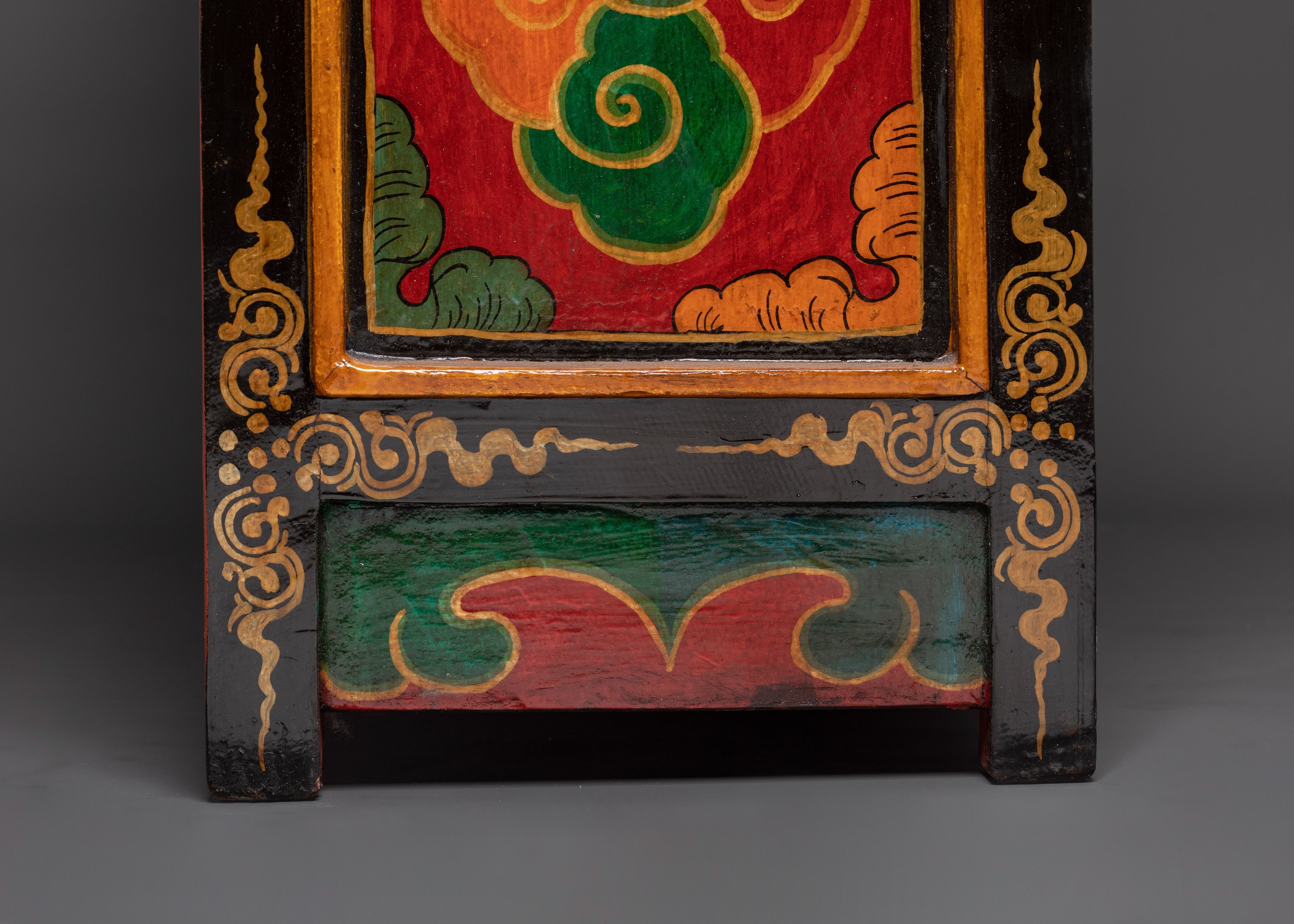 Hand-Carved Tibetan Wooden Cabinet with Door | Sacred Symbols and Artisan Detailing