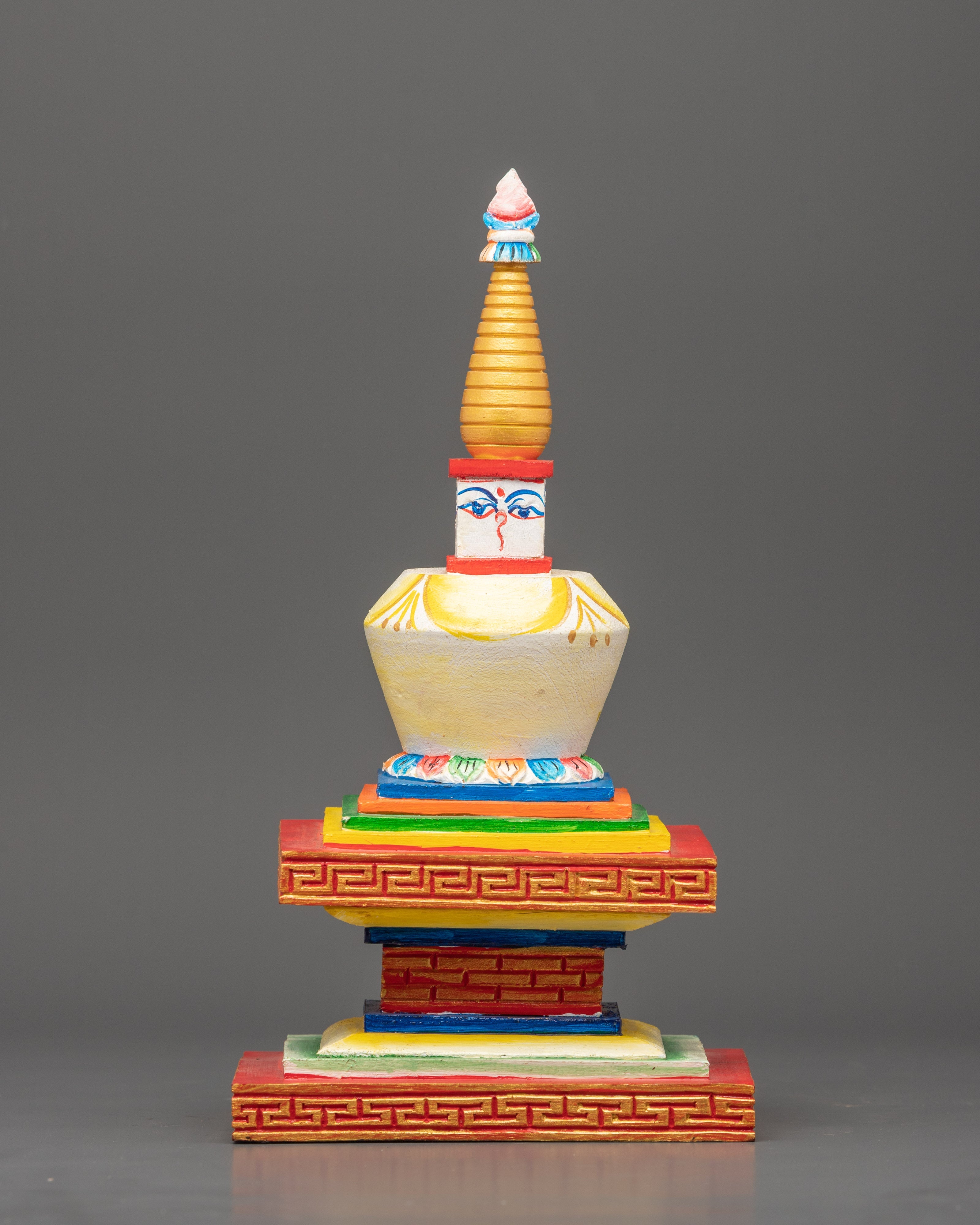 Hand-Painted Wooden Stupa | Tibetan Altar Symbol of Enlightenment