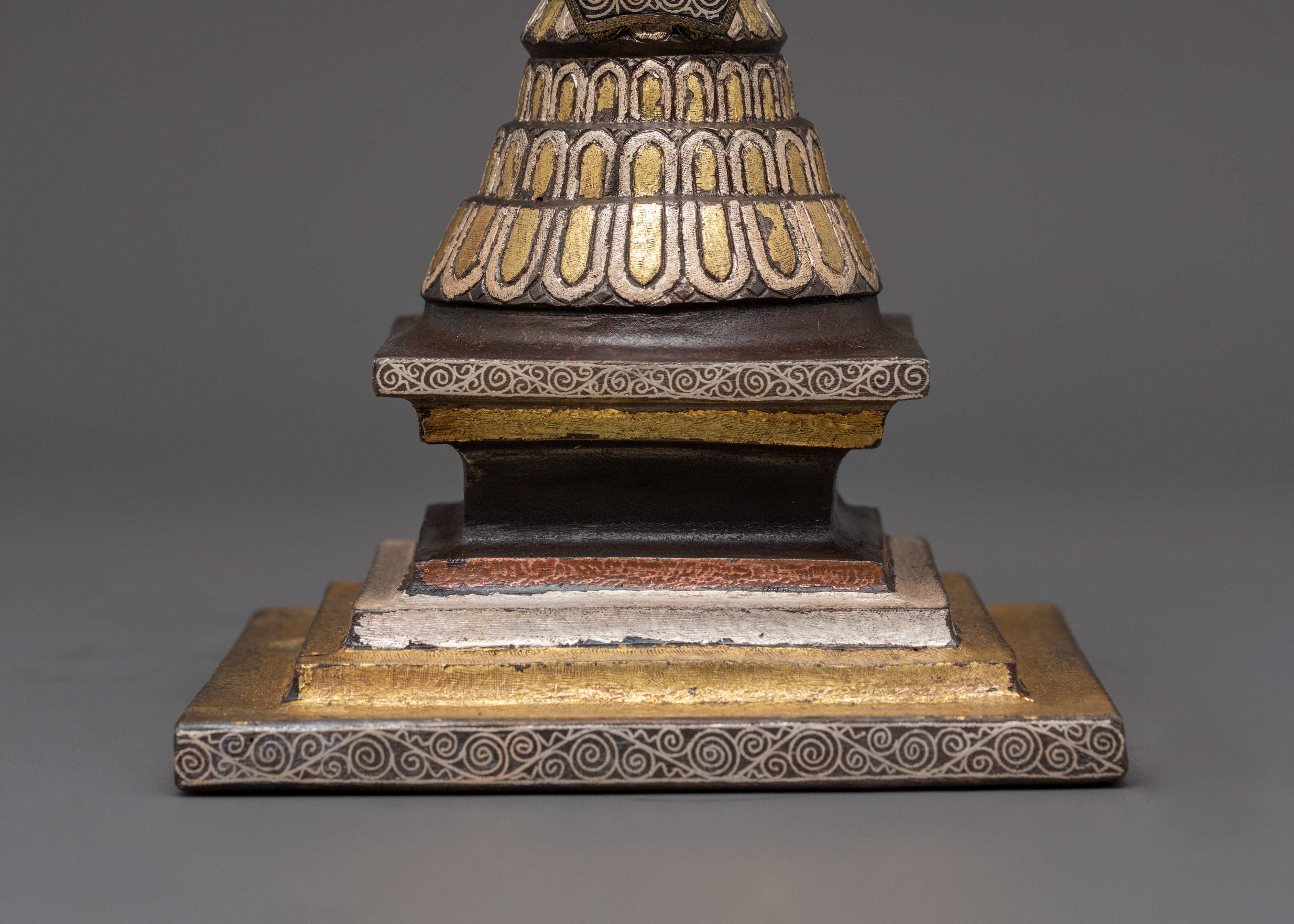 Handcrafted Iron Stupa with Silver Plating & Brass Inlay | For Altar Decor