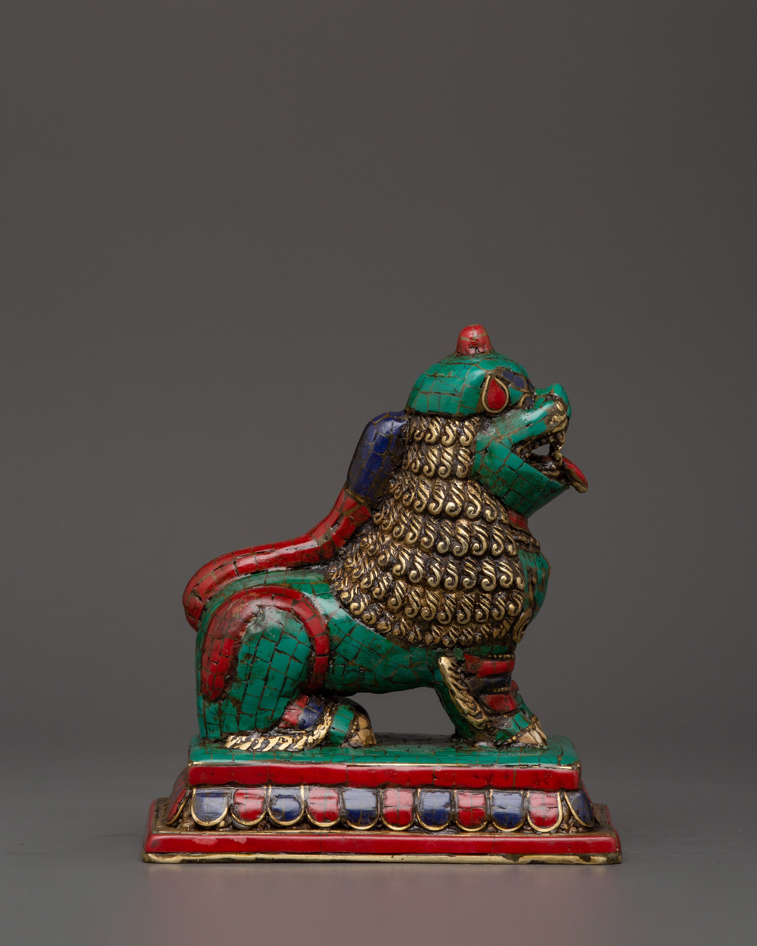 Tibetan Lion Set Brass Guardian Statues | Inlaid with Coral & Turquoise