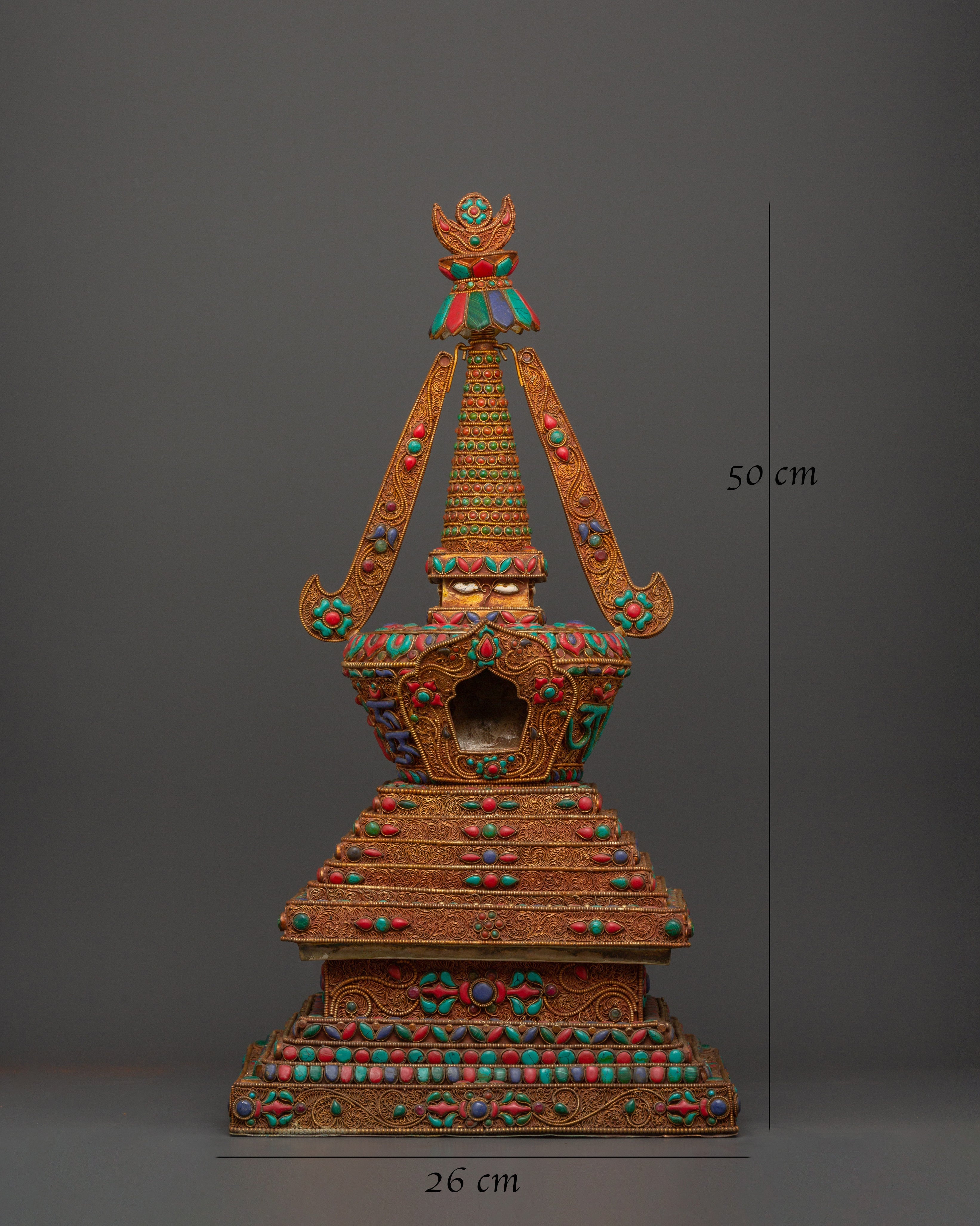 Copper Buddhist Chorten with Turquoise and  Coral | Spiritual Symbol of Peace