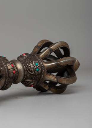 Iron Vajra with a Wooden Base and Turquoise Coral Inlays | Acrylic Painted Base
